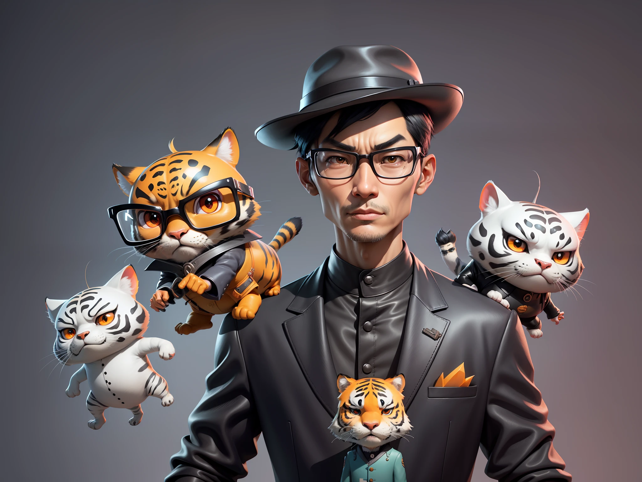 Young man with oriental face in leather hat, tiger, oriental face in formal suit, short black hair, silver glasses, digital painting, 3D character design by Mark Clairedon and Pixar and Hayao Miyazaki and Akira Toriyama, the illustration is a high-definition illustration in 4K resolution with very detailed facial features and cartoon-style visuals.