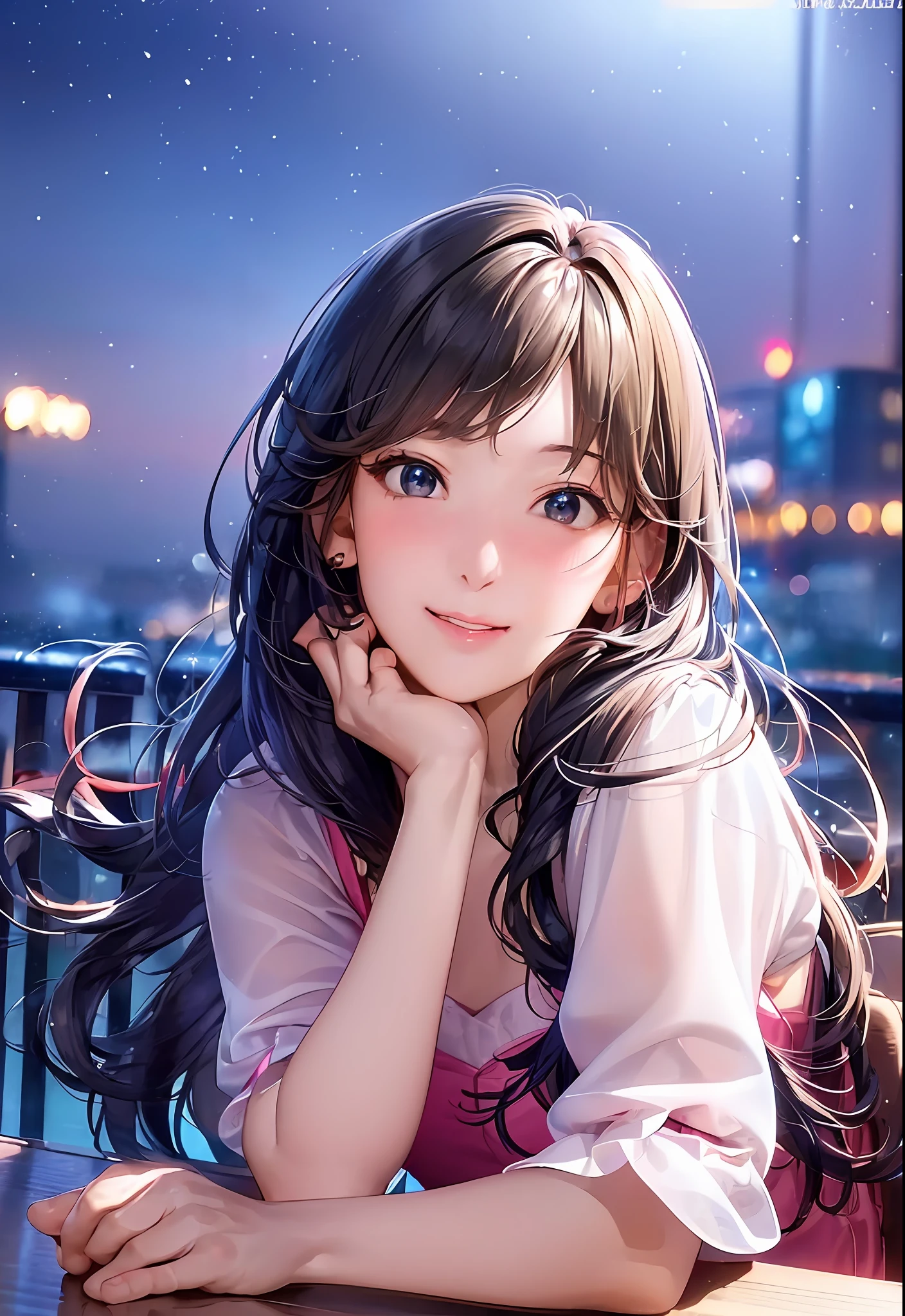 (8K, Best Quality, masutepiece:1.2), (Realistic, Photorealsitic:1.37), Ultra-detailed, 1 girl,Cute, Solo,Midnight,Beautiful detailed sky,Detailed Cafe,Sitting,Dating,(nose blush),(Smile:1.15),(Closed mouth) Small breasts,Beautiful detailed eyes,Floating Hair NovaFrogStyle,backless dress,Pink dress