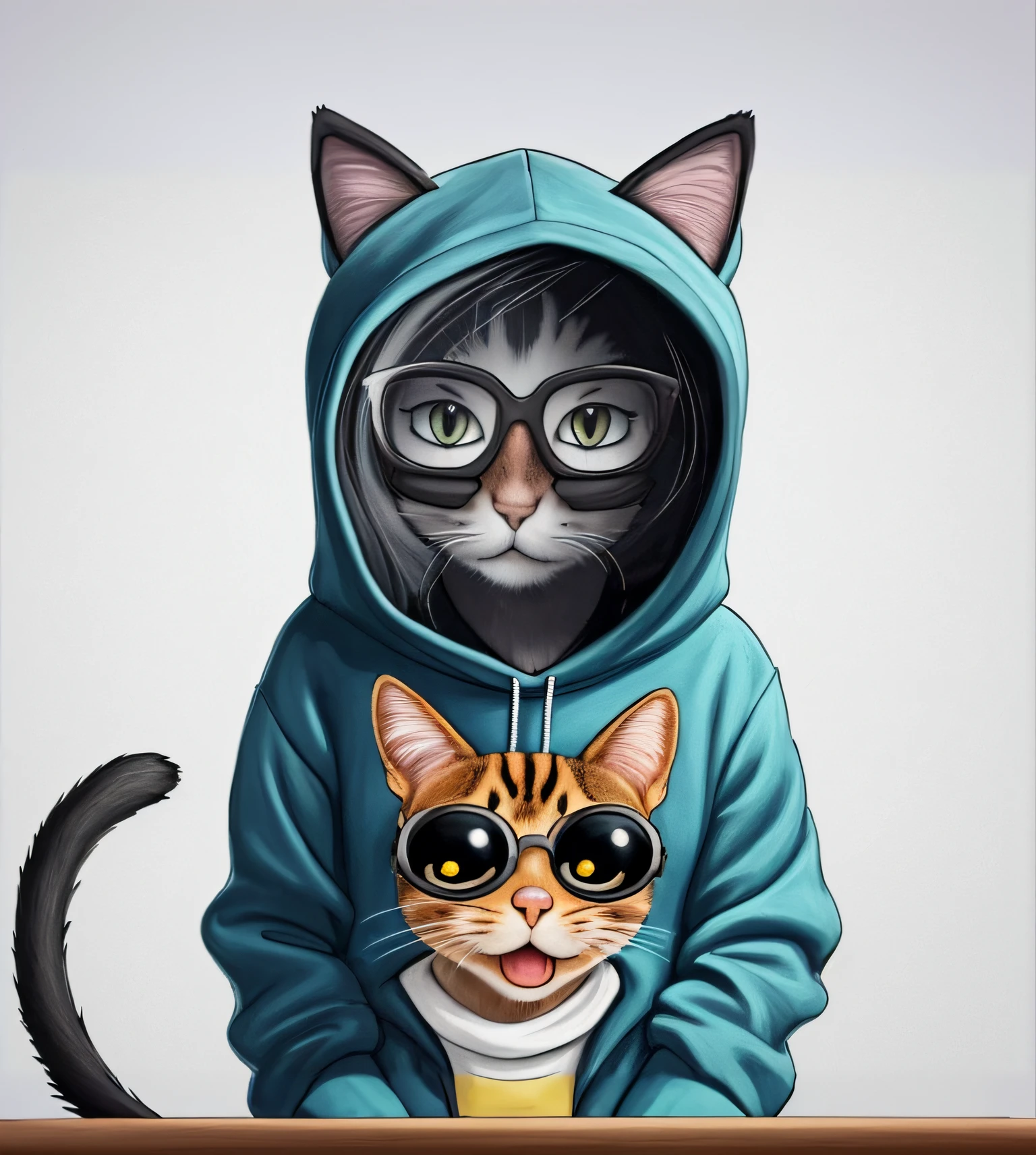 There is a cat wearing a hood and sunglasses with a cat, illustration of 2 cats, anthropomorphic cat, design do gato, gato antro, arte digital bonito, arte digital detalhada bonito, funny illustration, anthropomorphic female cat, Arte peluda, peludo do gato, Gato. pintura digital, realistic illustration, estilo de arte dos desenhos animados, commission art, Cartoon style illustration