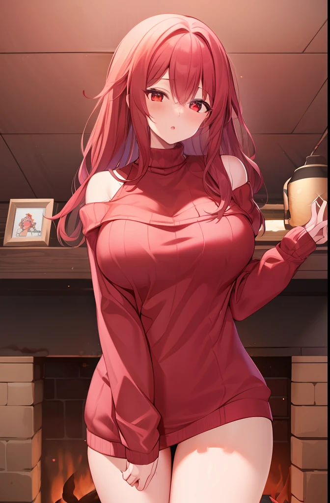 ((extreme detail)),(ultra-detailed), extremely detailed CG unity 8k wallpaper, best quality, homura, red hair, lustful eyes, parted lips, off shoulder, (light red sweater:1.3), skintight, fireplace,