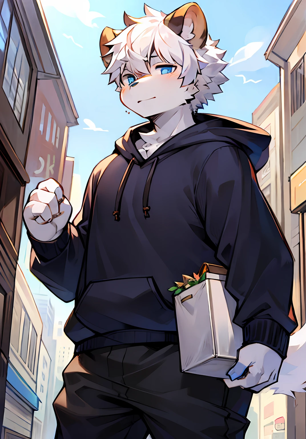 shaggy,furred,bodyfur,城市,the street,独奏,short- sleeved,BREAK BREAK BREAK,AOEU,AOEU,Boy student,Bear Boy,Dark blue hooded sweatshirt,long trousers,adolable,Shota,Tall guy,eBlue eyes,White hair,shaggy,Obesity,Big