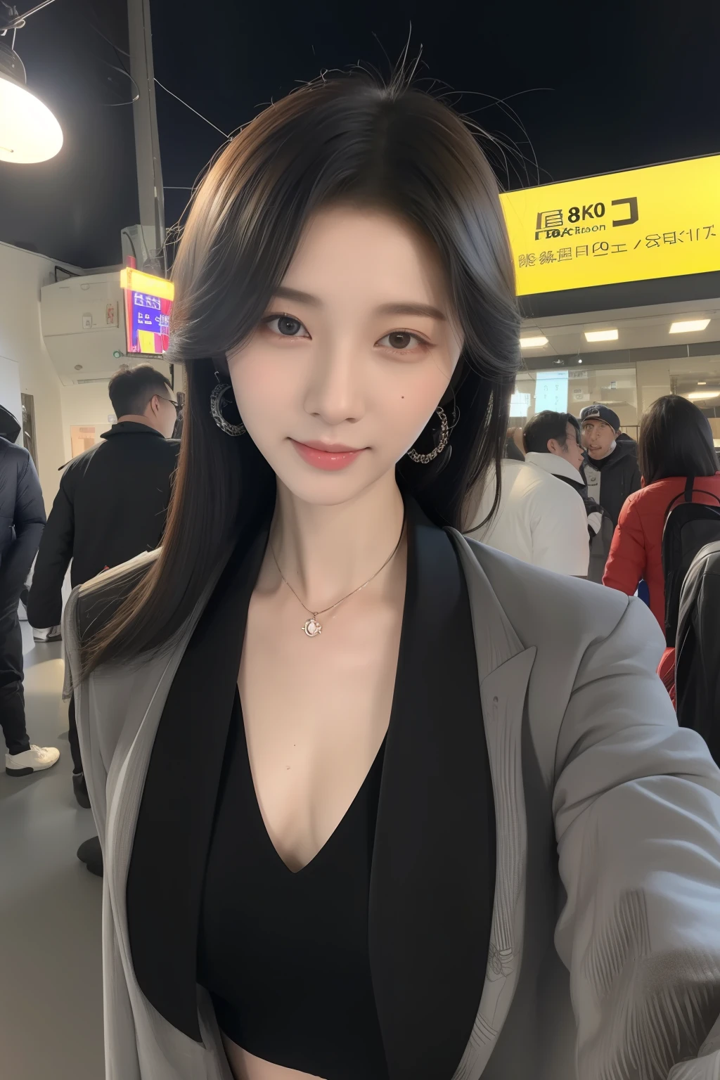 (8k, RAW photo, best quality, mastery:1.2), (realistic, photo-realistic:1.37),(Kpop idol), (aegyo sal:1),cute,professional lighting, photon mapping, radiosity, physically-based rendering , cosplay, lucy \(cyberpunk\), bob cut, mechanical parts, grey eyes, black tight suit, cyberpunk city, black pants, night, neon lights, sexy, smoke, looking at viewer,, 8k 高分辨率, 8k, CG壁纸, 现实, 清晰的背景, 中等乳房, 全身