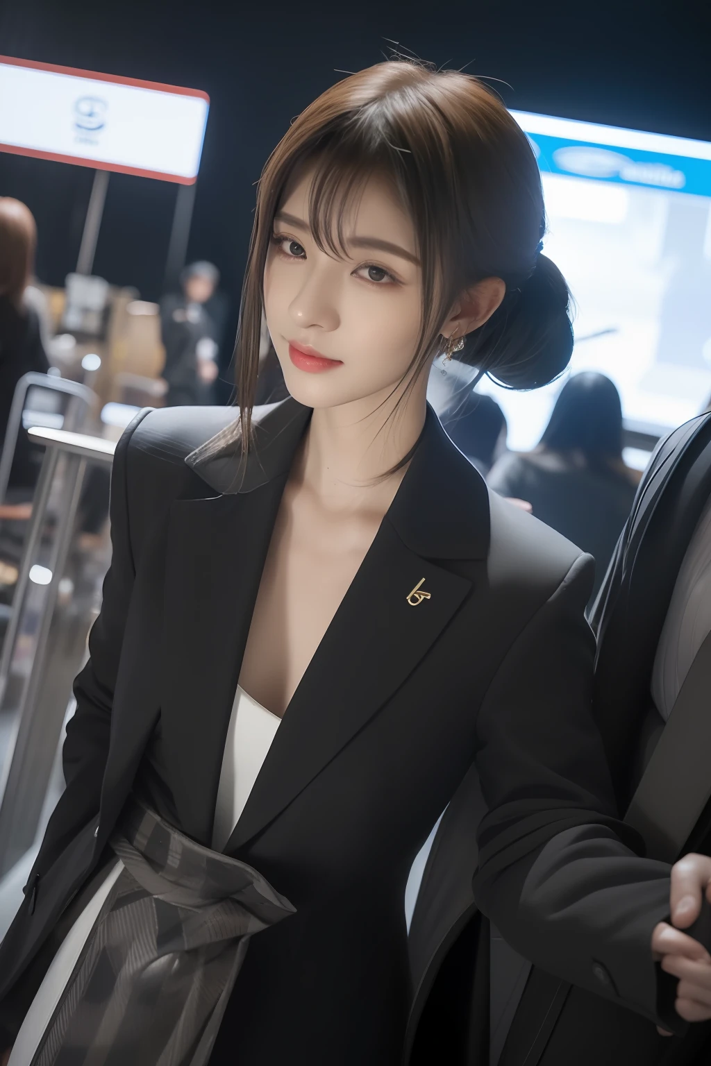 (8k, RAW photo, best quality, mastery:1.2), (realistic, photo-realistic:1.37),(Kpop idol), (aegyo sal:1),cute,professional lighting, photon mapping, radiosity, physically-based rendering , cosplay, lucy \(cyberpunk\), bob cut, mechanical parts, grey eyes, black tight suit, cyberpunk city, black pants, night, neon lights, sexy, smoke, looking at viewer,, 8k 高分辨率, 8k, CG壁纸, 现实, 清晰的背景, 中等乳房, 全身