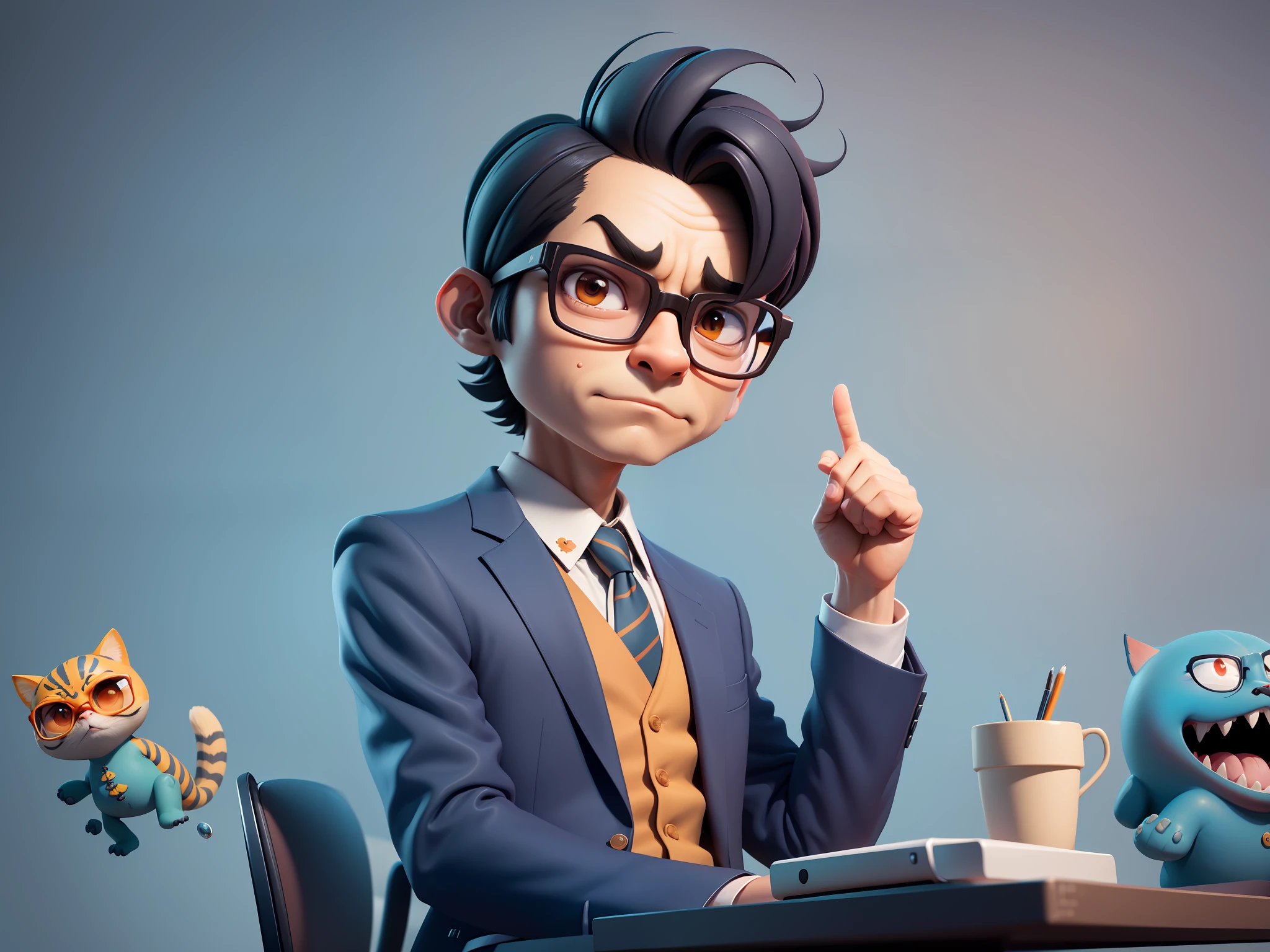 A young man in a suit, Short hair and glasses sat at his desk,holding laptop,digitial painting,tigre,3D character design by Mark Clairen and Pixar and Hayao Miyazaki and Akira Toriyama,4K HD illustration,Very detailed facial features and cartoon-style visuals。