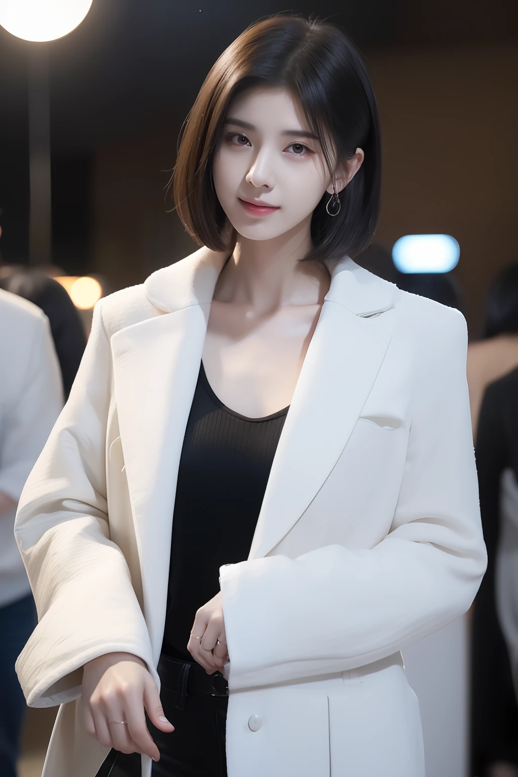 (8k, RAW photo, best quality, mastery:1.2), (realistic, photo-realistic:1.37),(Kpop idol), (aegyo sal:1),cute,professional lighting, photon mapping, radiosity, physically-based rendering , cosplay, lucy \(cyberpunk\), bob cut, mechanical parts, grey eyes, black tight suit, cyberpunk city, black pants, night, neon lights, sexy, smoke, looking at viewer,, 8k 高分辨率, 8k, CG壁纸, 现实, 清晰的背景, 中等乳房, 全身