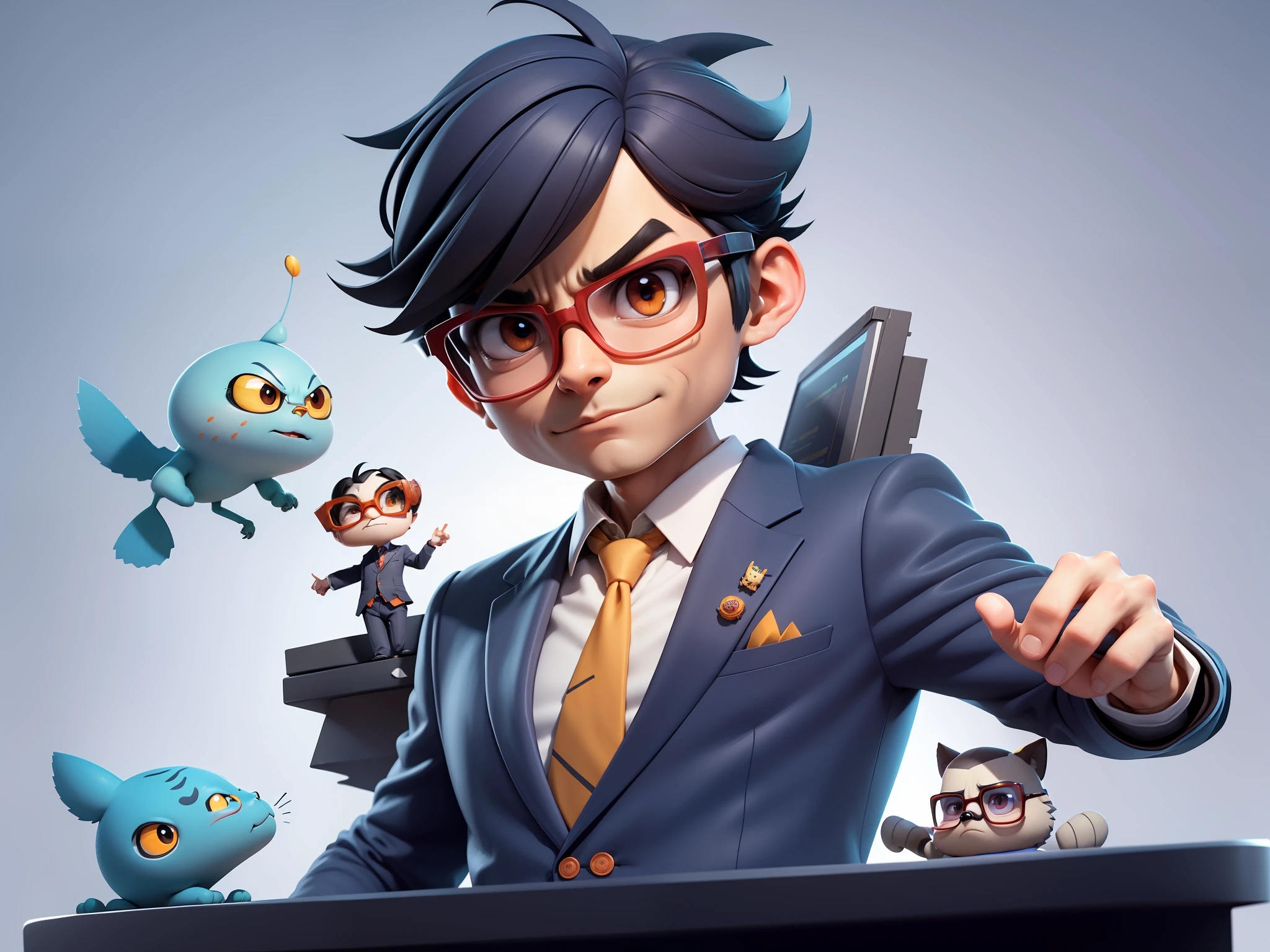 A young man in a suit, Short hair and glasses sat at his desk，holding laptop，digitial painting，tigre，3D character design by Mark Clairen and Pixar and Hayao Miyazaki and Akira Toriyama，4K HD illustration，Very detailed facial features and cartoon-style visuals。
