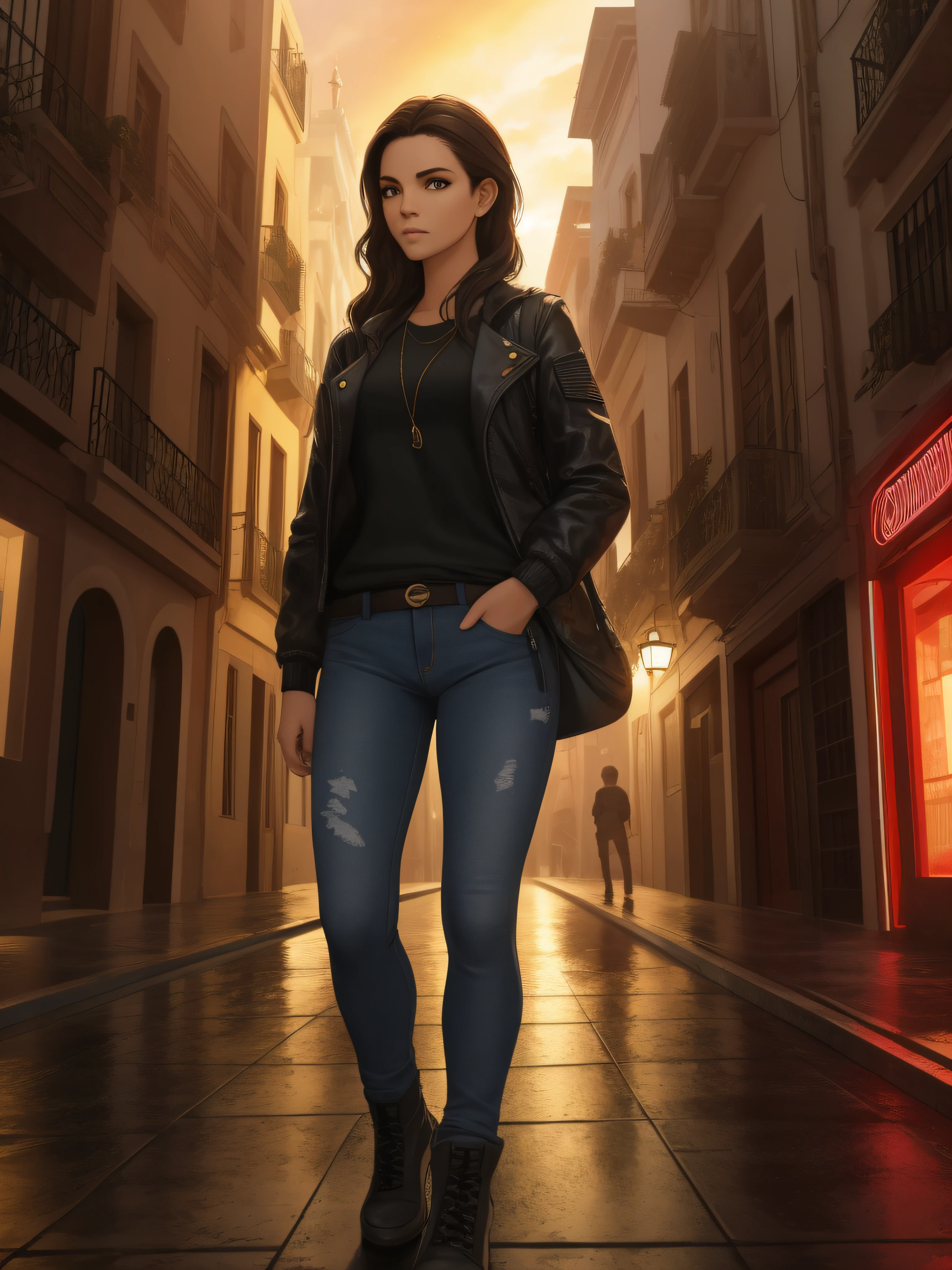 1girl, soldado, arte hiper-realista, Jaqueta jeans, camouflage pants, Urbano, Realistic, elegante, luvas de couro, hiper-realista, corpo inteiro, fotografia, dynamic lights, HDR, detalhes intrincados, hiperdetalhado, cinemactic, luz de aro, atmospheric hazard, preto, Noite, luz vermelha, Rua Escura, motor unreal chuva 5, 8k, A imagem deve ser no formato retrato 3:4 and have a resolution of 1080 x 1350 pixels.