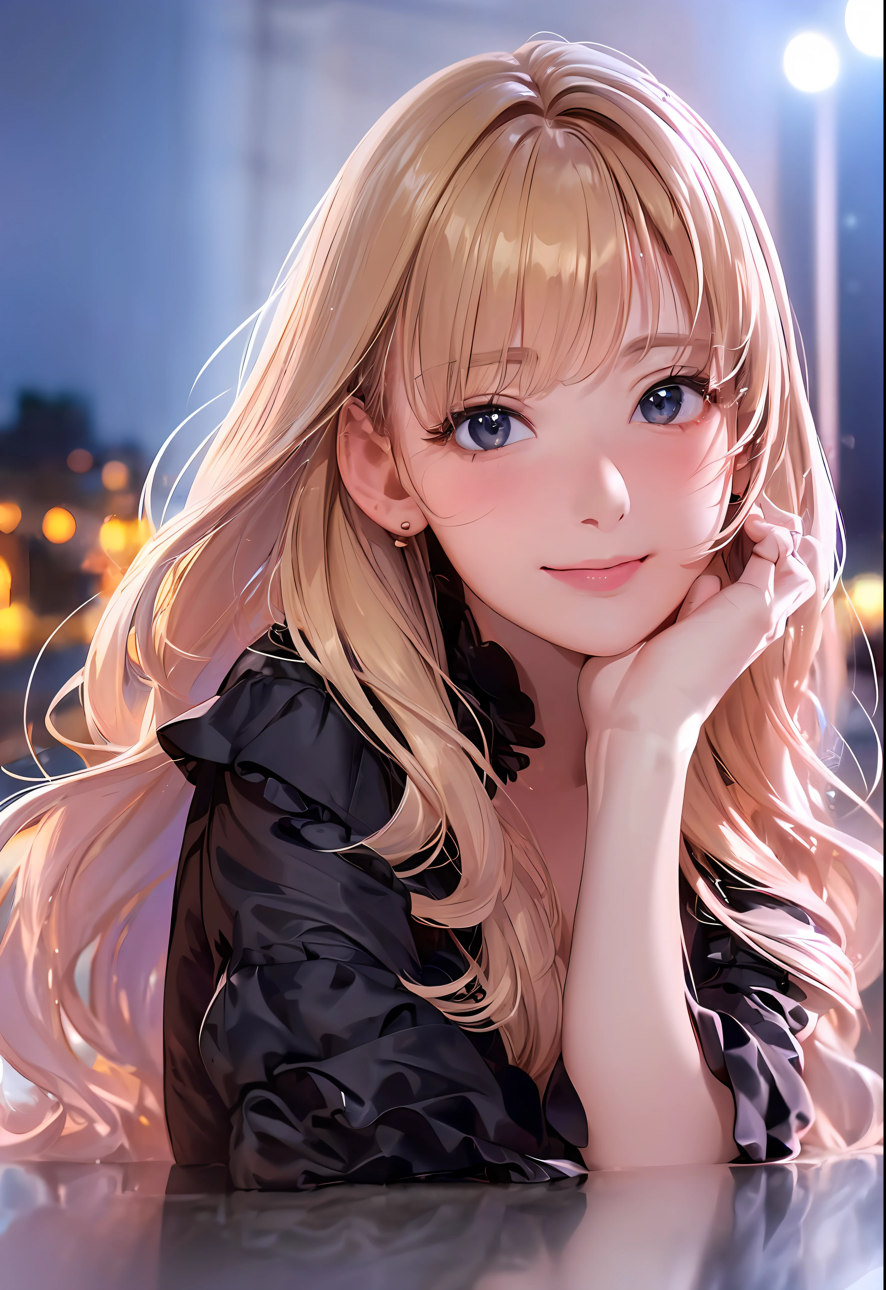 (8K, Best Quality, masutepiece:1.2), (Realistic, Photorealsitic:1.37), Ultra-detailed, 1 girl,Cute, Solo,Midnight,Beautiful detailed sky,Detailed Cafe,Sitting,Dating,(nose blush),(Smile:1.15),(Closed mouth) Small breasts,Beautiful detailed eyes,Floating Hair NovaFrogStyle,backless dress,Pink dress