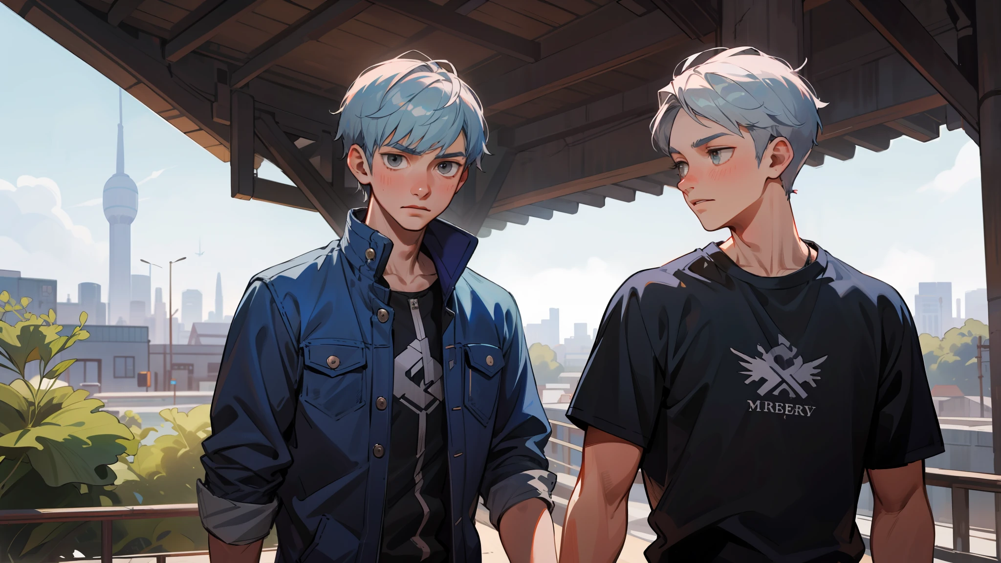 In the background is a silver city Two 15-year-old teenage friends with blue hair, With Latin skin and light gray hair on the outskirts of a large silver city they are talking about an important topic they are friends almost like brothers...................