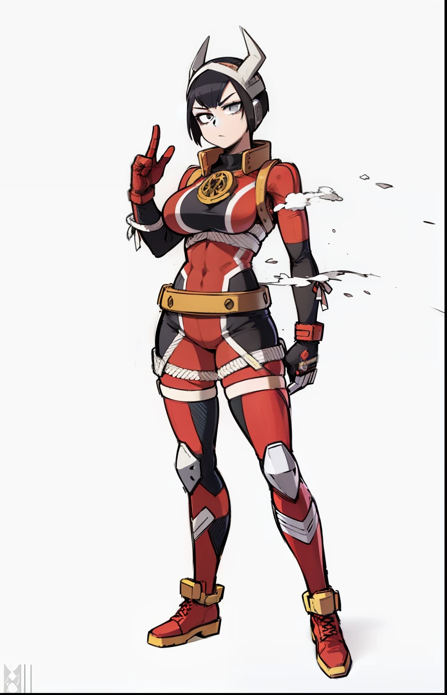 My Hero Academia style, anime Girl, female, Wide thighs, wide hips, Large breast, hero costume, full body suit, face covering, mask, head covering, helmet, horned helmet, black hair,