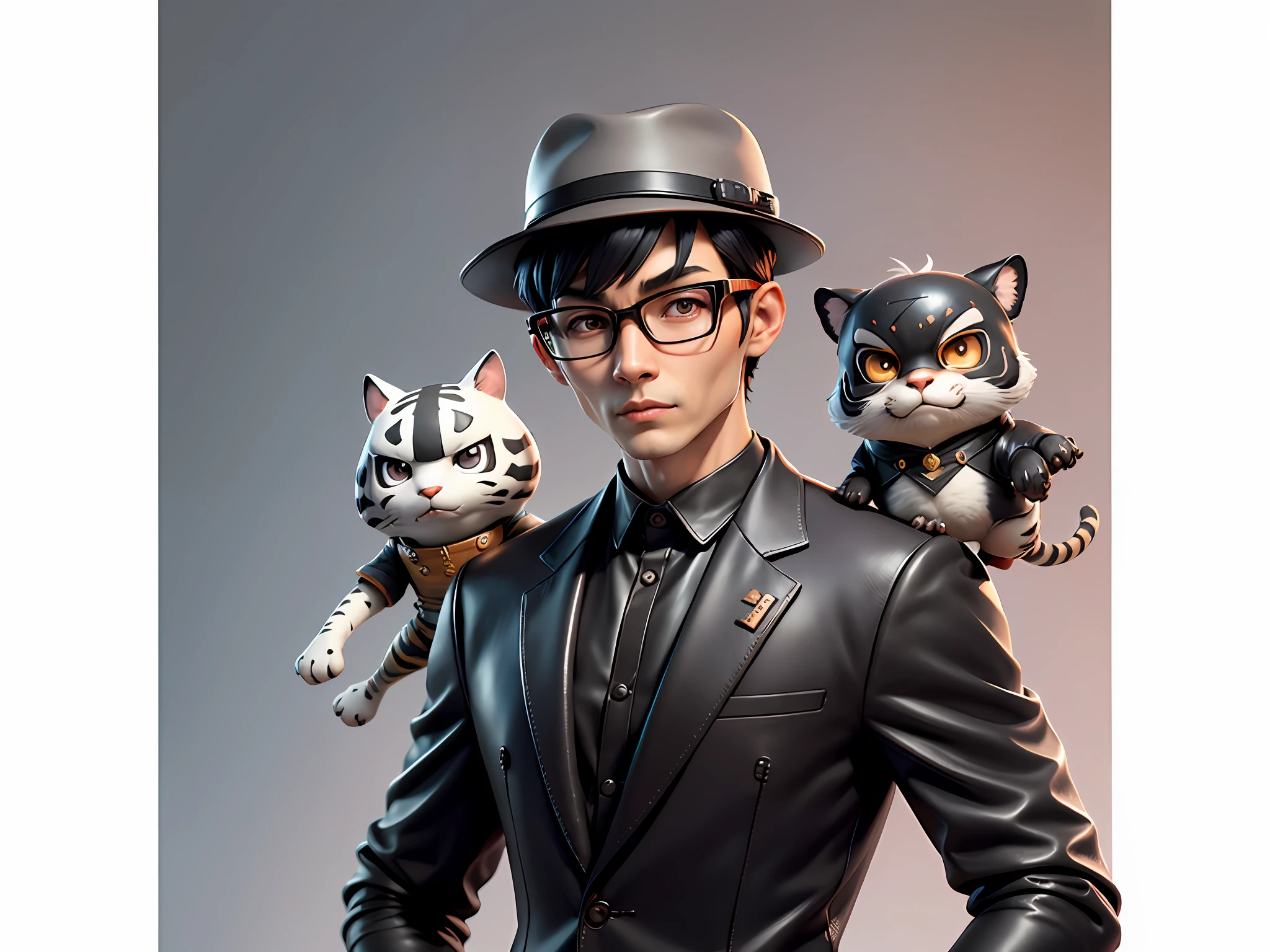Young man with oriental face in leather hat, tiger, oriental face in formal suit, short black hair, silver glasses, digital painting, 3D character design by Mark Clairedon and Pixar and Hayao Miyazaki and Akira Toriyama, the illustration is a high-definition illustration in 4K resolution with very detailed facial features and cartoon-style visuals.