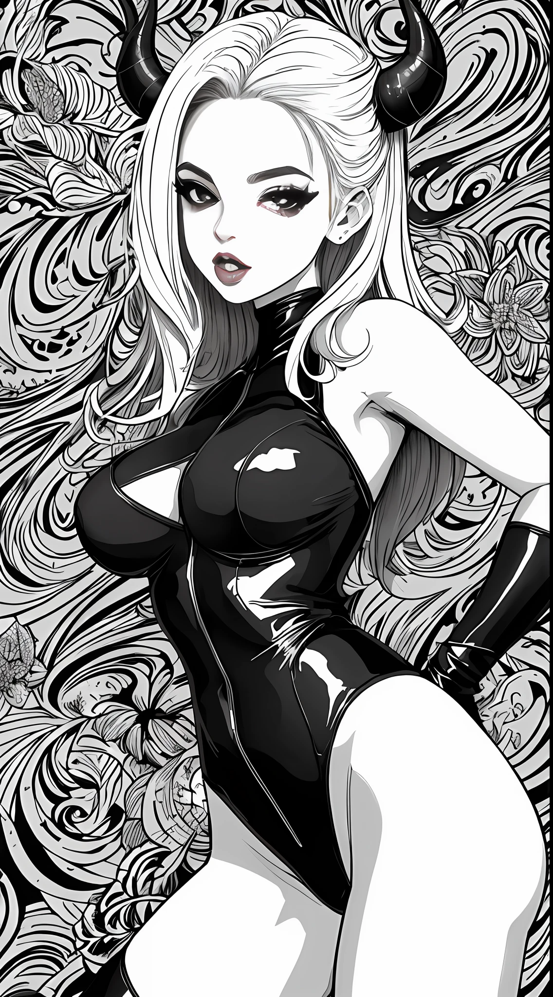 obra-prima, melhor qualidade, 1mulher, sozinho, cabelo cacheado, sexy, boca fechada, fundo simples, devil girl, lineart