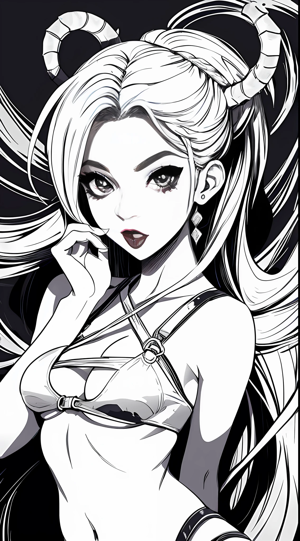 obra-prima, melhor qualidade, 1mulher, sozinho, cabelo cacheado, sexy, boca fechada, fundo simples, devil girl, lineart