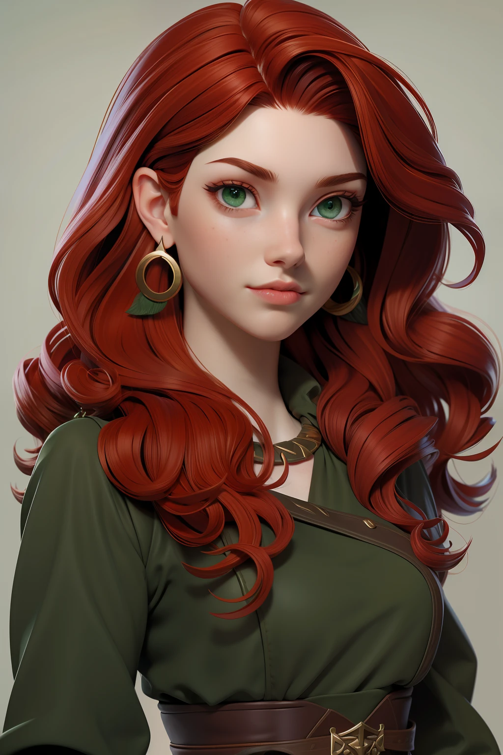 masterpiece, best quality, 1 girl, green eyes, pale skin, freckles, dark red hair, wavy hair, medium hair, earrings, jewelry, viking, simple background, solo, upper body
