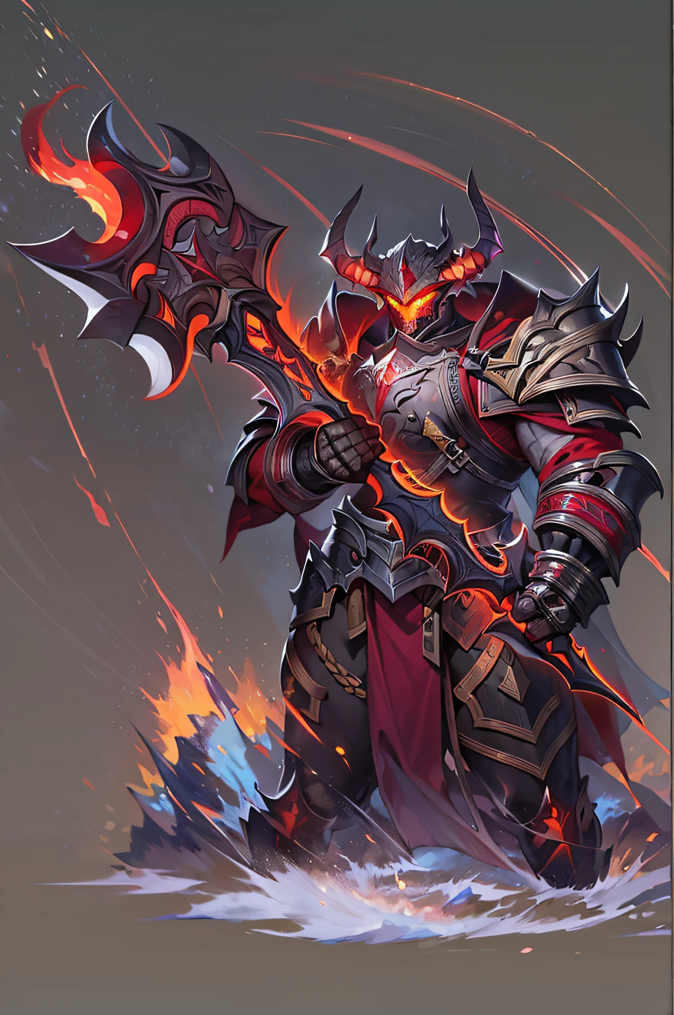 (masterpiece, best quality, best quality, official art, beautiful and aesthetic: 1.2), (8k, best quality, masterpiece: 1.2), CGDivine bigaxe, weapon, armor, solo, holding, horns, glowing, bigaxe, 1 Milf , holding weapons, planted, mature focus, flaming weapons, standing, helmet, gauntlets, wielding a giant axe, flaming giant axe, planted giant axe, shoulder armor, gradient, gradient background, greaves, pauldrons, (red glow: 1.3),