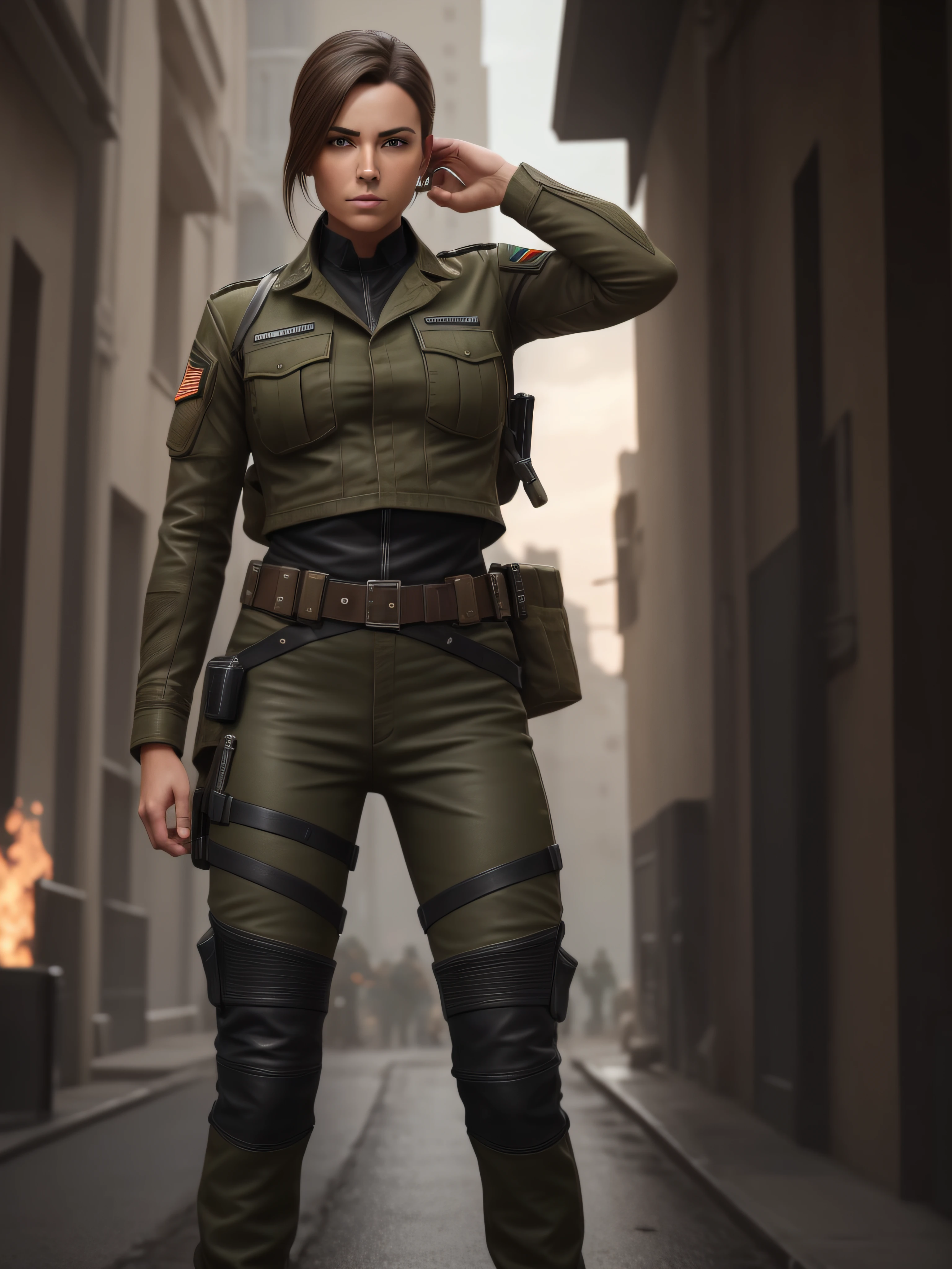 A female soldier with a uniform mixing leather and jeans, olive green, black and brown. The soldier is in a dynamic pose, alone and realistic. The image is in 8K and rendered in the Unreal Engine 5. The atmosphere is cinematic. The image should be in portrait format, with 1080 x 1350 pixels in size.