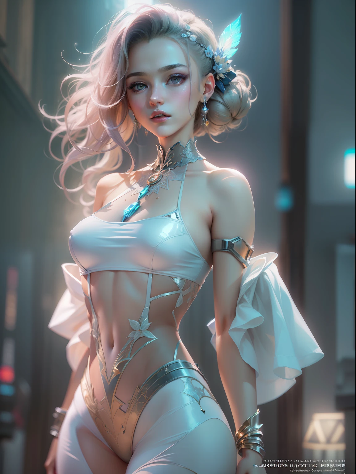 (((masterpiece)))、(((top-quality)))、((ultra-definition))、(High Definition CG Illustration)、((extremely delicate and beautiful))、Cyber City、Cinematic Light、Queen Fashion、Body glitter、remodel、Girl with a shearing hairstyle、Unconventional、2080s、animesque、girl with、trending on artstationh、Rachel Walker