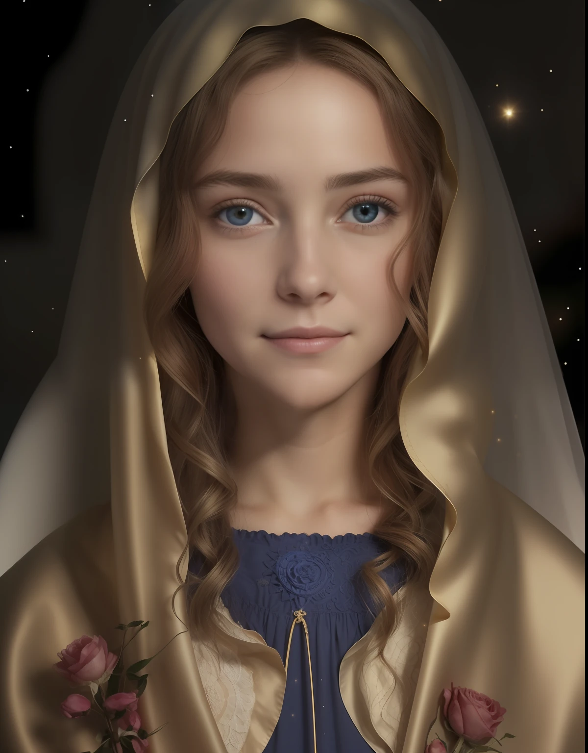(((Blessed Virgin Mary))) of 17 years old, sin sonrisa alguna en su cara. Obra maestra, (La mejor calidad: 1.2), (super fine: 1.2), illustration, (extremadamente delicado y hermoso: 1.2), movie angle, flotante, (Hermoso ojo de detalle: 1.1), (detalle luz: 1.1), Movie Lights, Cielo delicado, ojos azules, (Cola de caballo alta: 1.1), capa, ojuelos, (luna: 1. 2), (Luz de la luna: 1.1), cielo estrellado, (light particles: 1.1) dibujo, flor. (Obra maestra), (La mejor calidad), (fotorrealista:1.3), 8k, Textura detallada de la piel, Textura detallada de la tela, Hermosa cara detallada, Detalles intrincados, Ultra detallado (cuerpo de cuerpo entero:1.2)
