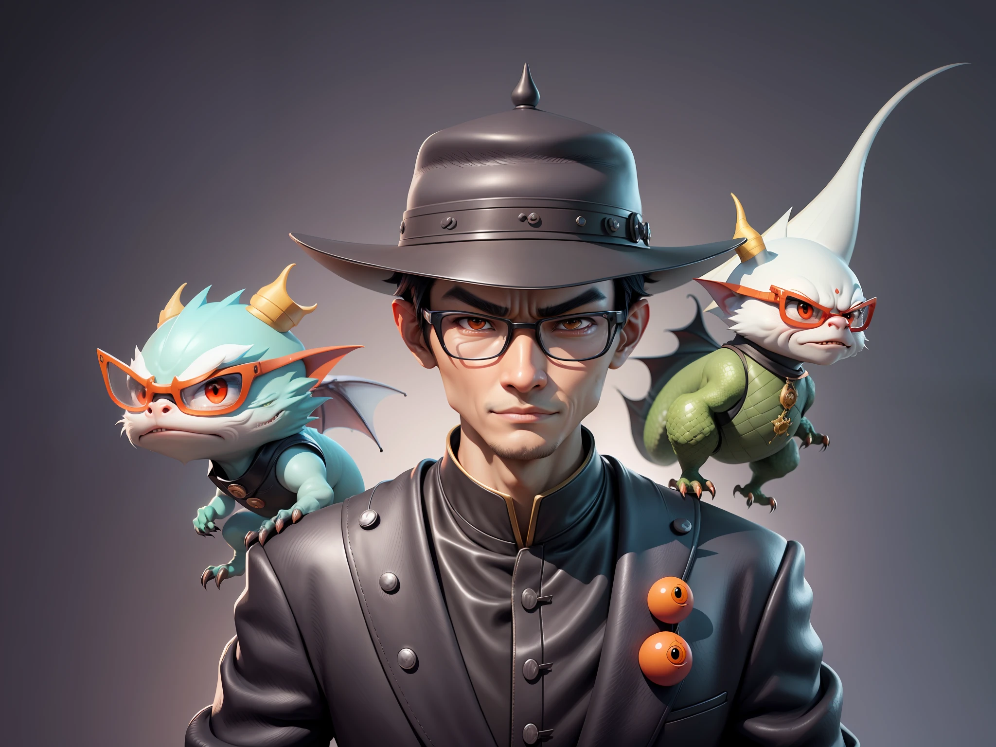 Young man with oriental face in leather hat, dragon, formal suit, short black hair, silver glasses, digital painting, 3D character design by Mark Clairedon and Pixar and Hayao Miyazaki and Akira Toriyama, the illustration is a high-definition illustration in 4K resolution with very detailed facial features and cartoon-style visuals.