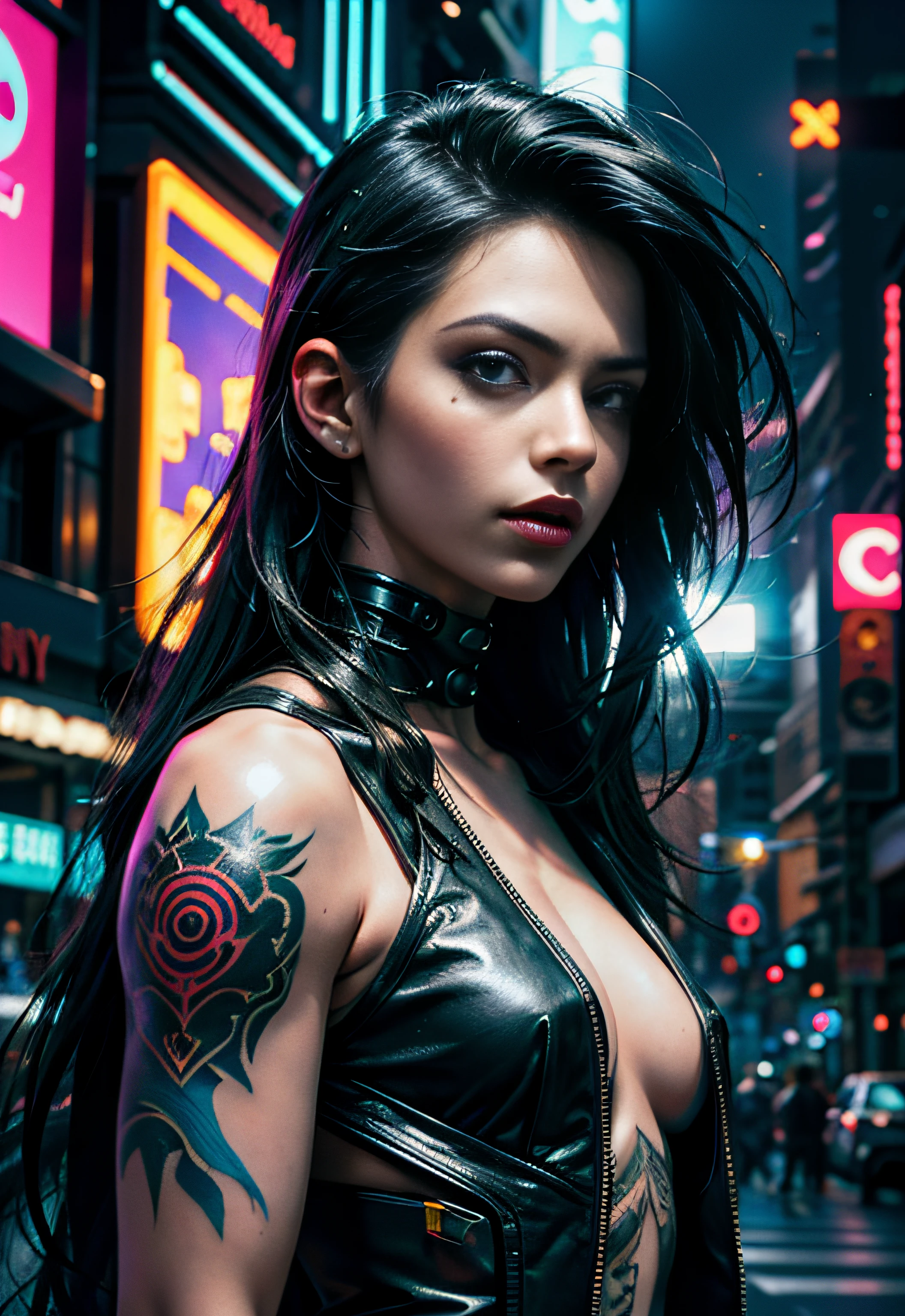 Designer de imagem "Cyberpunk & Realistic". Futuristic depiction of a perfectly tattooed woman with high-tech mechanical prosthetics. Embrace the cyberpunk aesthetic with neon lights and bright tattoos, maintaining the realistic portrayal of its features. "The lighting" Dynamic neon lighting with natural light sources to highlight cyberpunk tattoos and prosthetics, mantendo sombras e destaques realistas. "Camera positioning" Off-center and close-up camera positioning, Capturing dynamic pose to show off cyberpunk tattoos and high-tech prosthetics in detail. "Paleta de cores" Cyberpunk-inspired color palette with neon tones like electric blue, rosa fluorescente, e verde brilhante, complemented by realistic skin tones and metallic details for representation of advanced technology.