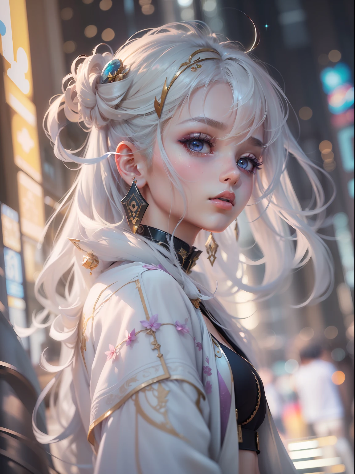 (((masterpiece)))、(((top-quality)))、((ultra-definition))、(High Definition CG Illustration)、((extremely delicate and beautiful))、Cyber City、Cinematic Light、Queen Fashion、Body glitter、remodel、Girl with a shearing hairstyle、Unconventional、2080s、animesque、girl with、trending on artstationh、Rachel Walker