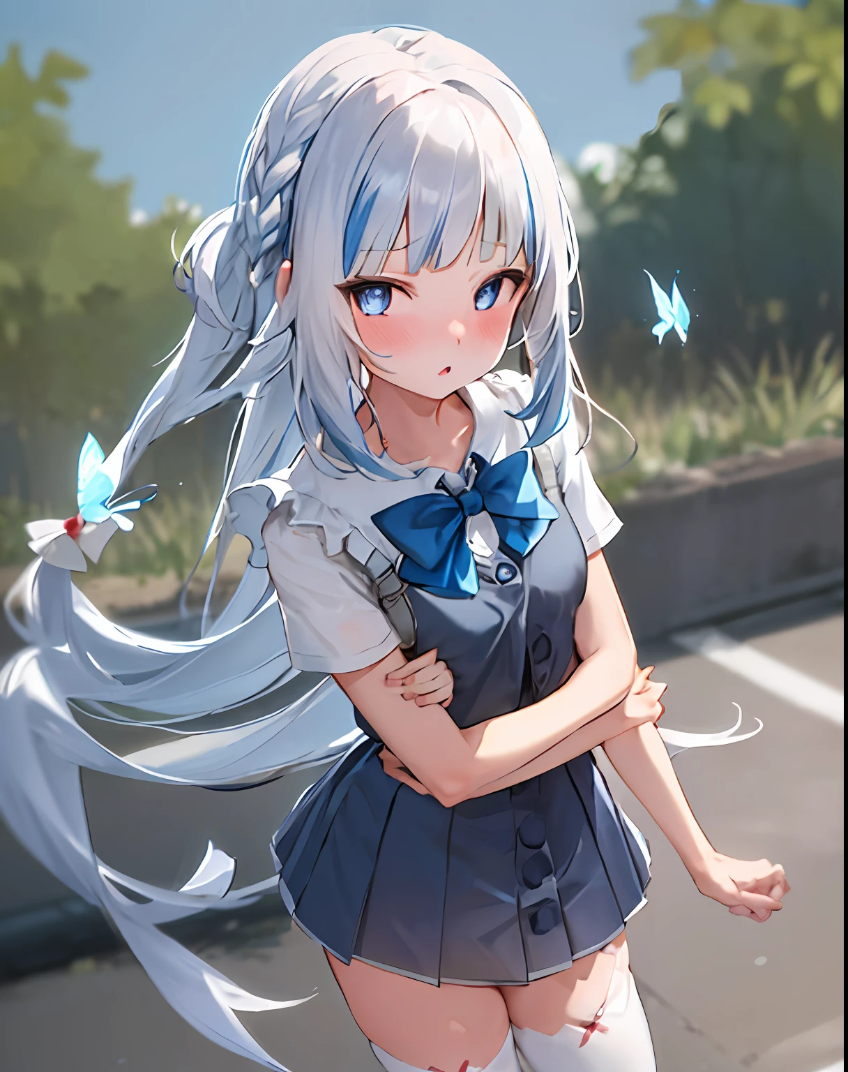 1girl, solo, long hair, butterfly hair ornament,blue eyes,bangs, braid, very long hair, short sleeves, blush, blue bow,breasts,outdoors, white thighhighs, school uniform, incoming hug,