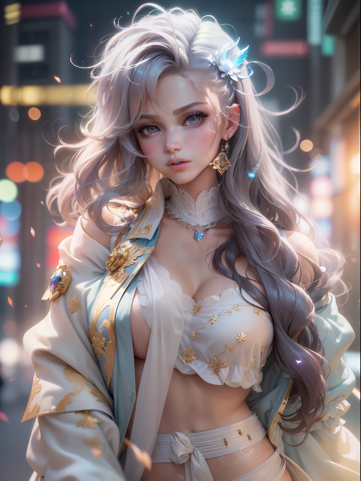 (((masterpiece)))、(((top-quality)))、((ultra-definition))、(High Definition CG Illustration)、((extremely delicate and beautiful))、Cyber City、Cinematic Light、Queen Fashion、Body glitter、remodel、Girl with a shearing hairstyle、Unconventional、2080s、animesque、girl with、trending on artstationh、Rachel Walker