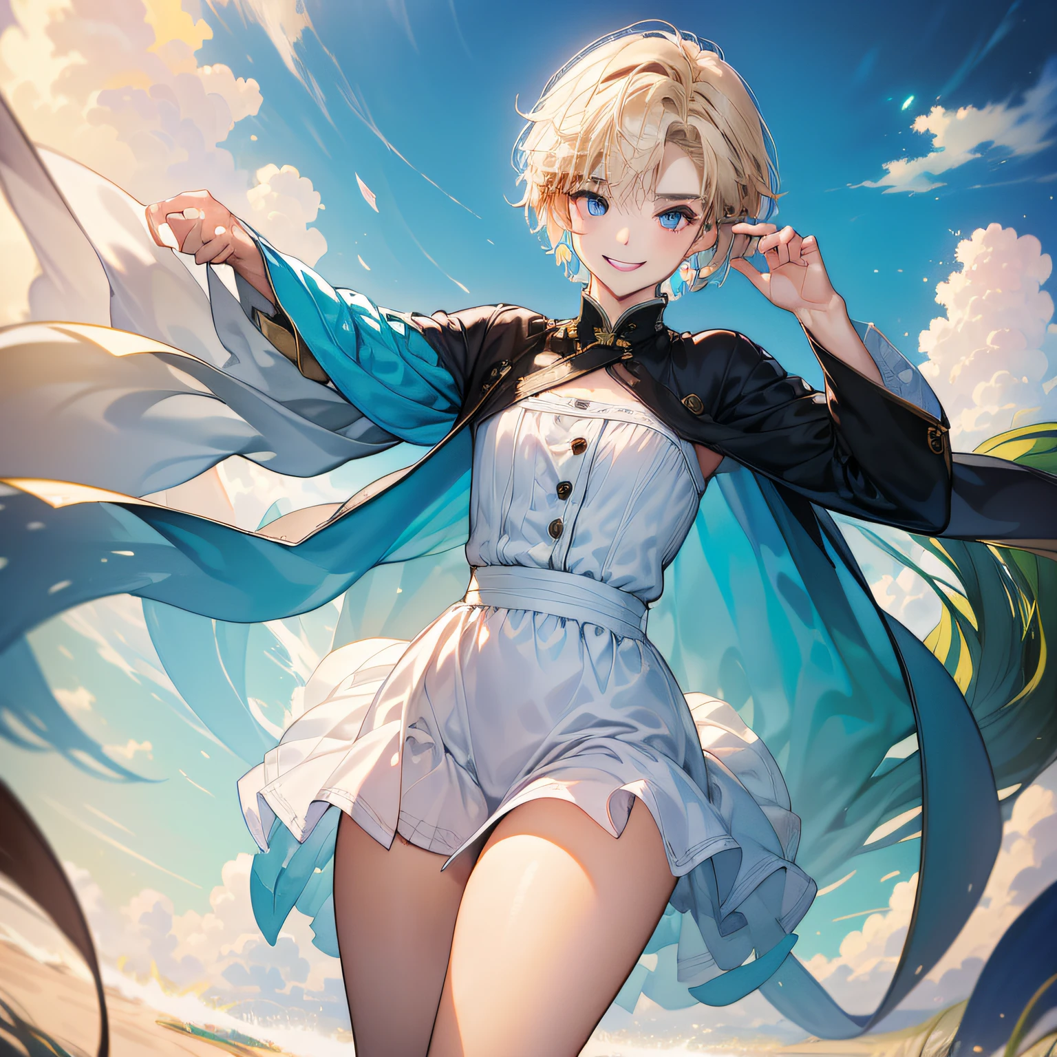 (in 8K、top-quality、masterpiece:1.2)、1人の女性、(Smiling smile:1.1)、beautidful eyes、Valley、The upper part of the body、shorth hair、Like a boy 、Quirk hair、Green View、