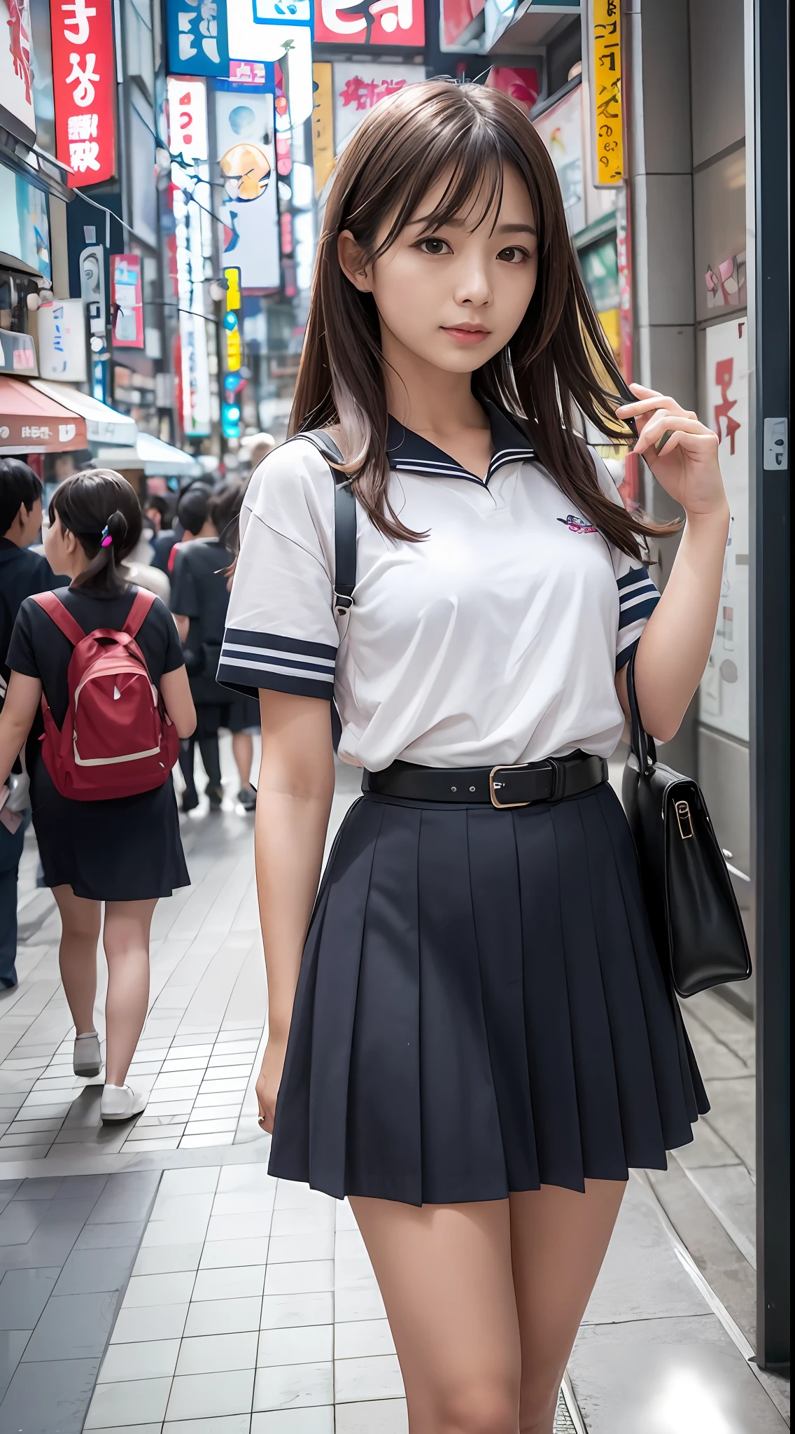 Ultra top quality, masterpiece, ultra high resolution, (photorealistic: 1.4), highly detailed CG Unity 8k wallpaper, detailed and complex, original, high resolution, raw photo, (perfect figure), fine and complex, DSLR, soft lighting, high quality, film grain, Leica camera, 50mm lens, backlight, HDR, hyperrealistic, color grade, dynamic pose, portrait, Japan person, smile, lips, bangs, (crowded akihabara: 1.2), front view viewer, natural light, girl, 20 years old, full body, solo, student, junior high school, uniform, sailor color, bobby socks, pleated skirt, daytime, on the street, deep shadow, cute, beauty, discreet, cold light 12000K \ Street, store status, Akihabara, Shinjuku, Shibuya, Ikebukuro