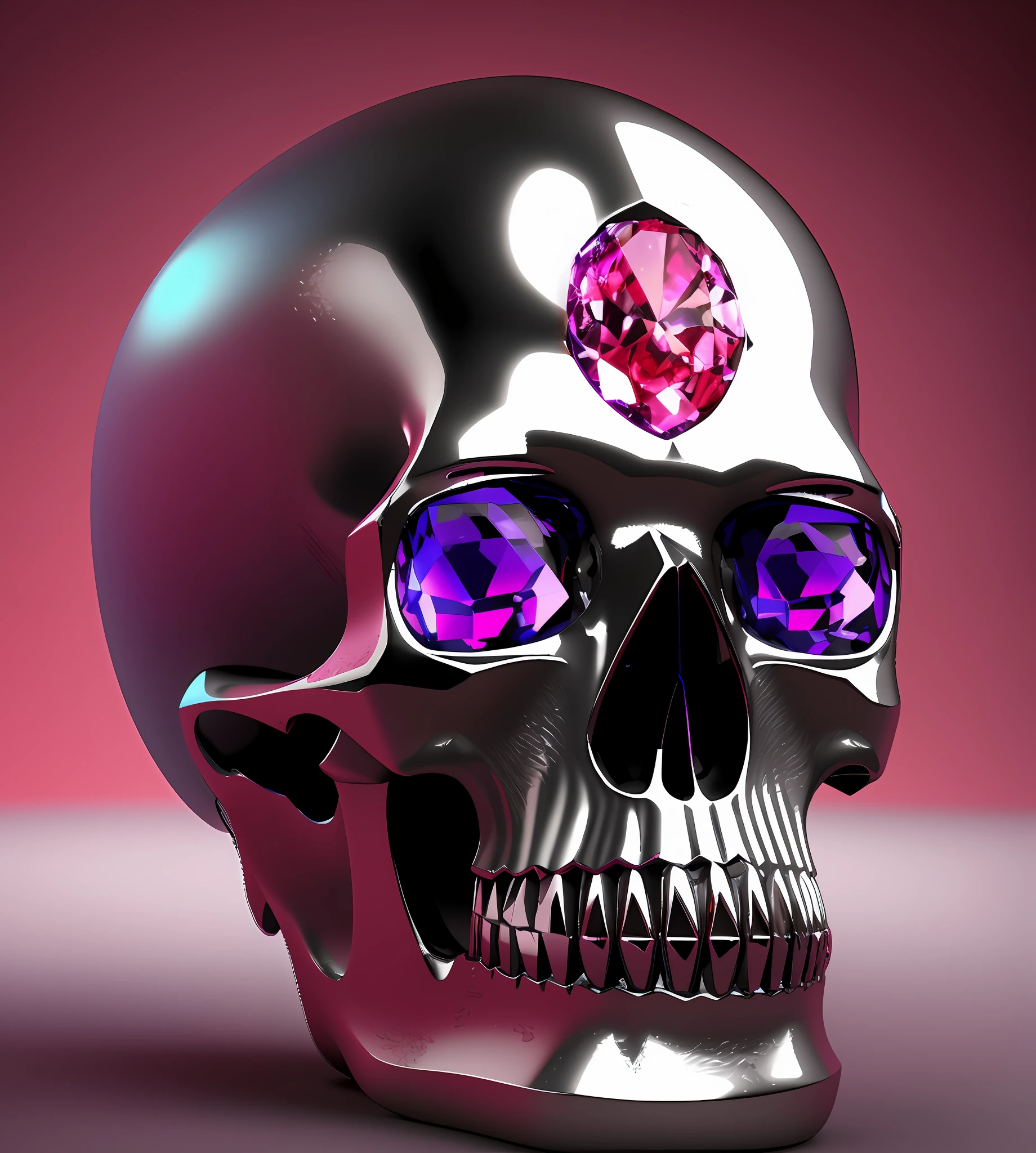Polished silver skull with a pink diamond on top and eyes with purple cut stones, renderizado em cinema 4 d, renderizado em cinema4d, metal skull, renderizado em cinema 4 d octane, renderizado em keyshot, piece of jewelry, obra-prima, detalhes intrincados, 3d renderizado em octanagem, 3 d renderizado em octanagem, digital render, renderizado em octane render 32k, Renderizado em Octane 3D, Conceptual and digital art rendering, 8k