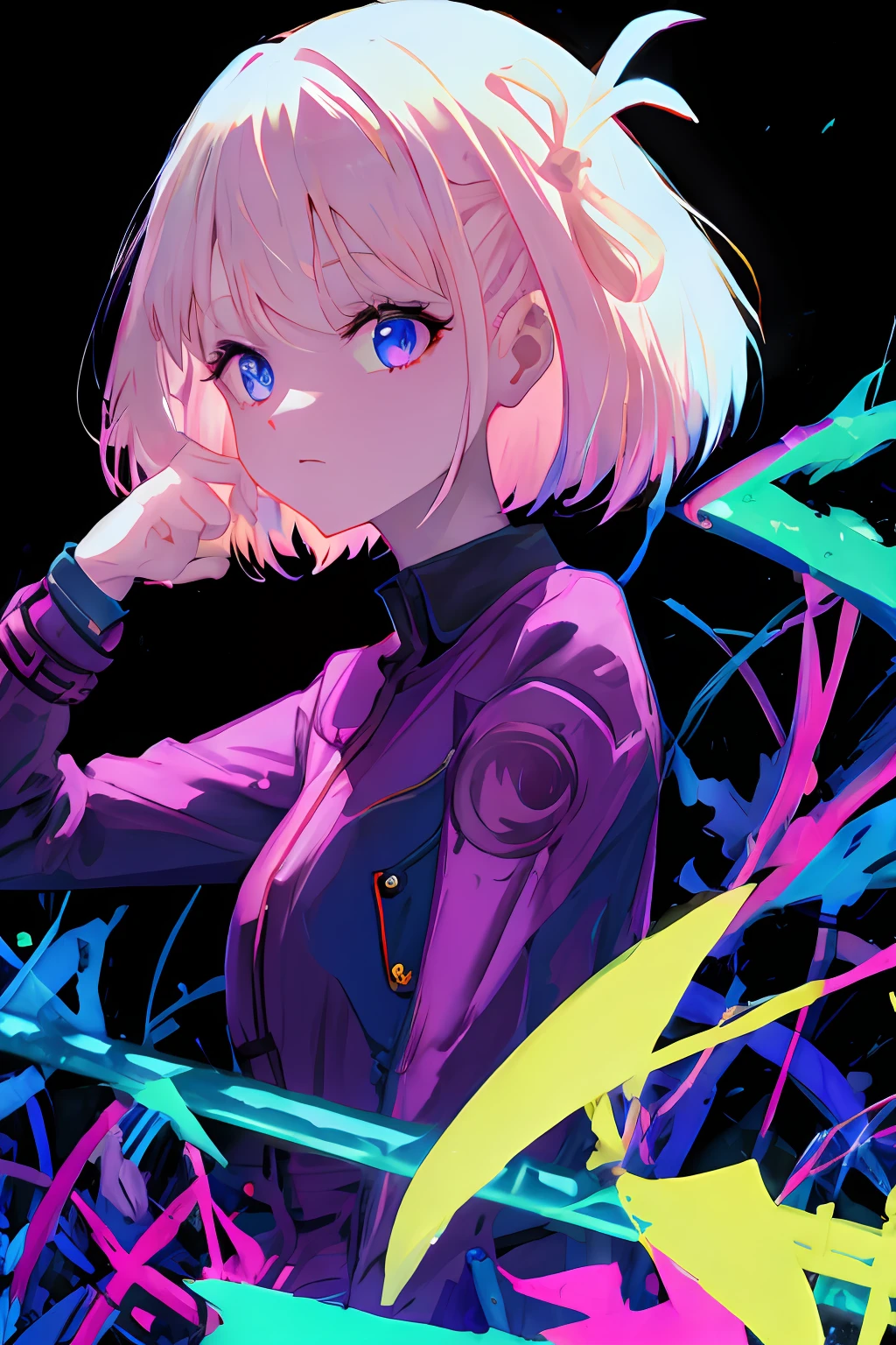blacklight, 1girl, black background,