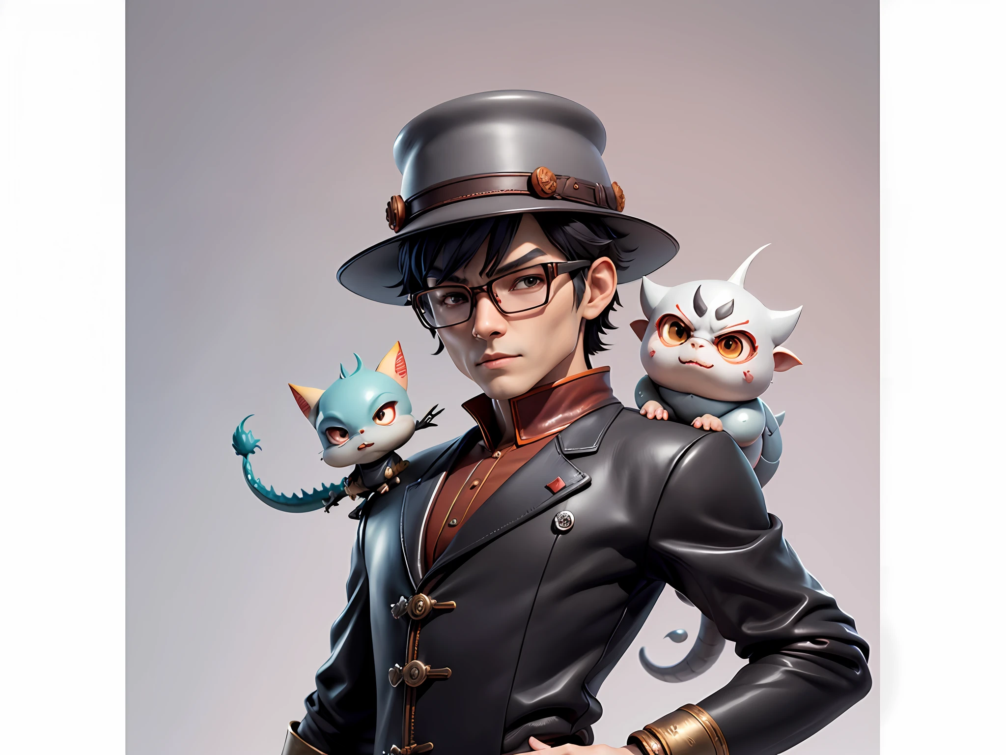 Young man with oriental face in leather hat, dragon, formal suit, short black hair, silver glasses, digital painting, 3D character design by Mark Clairedon and Pixar and Hayao Miyazaki and Akira Toriyama, the illustration is a high-definition illustration in 4K resolution with very detailed facial features and cartoon-style visuals.