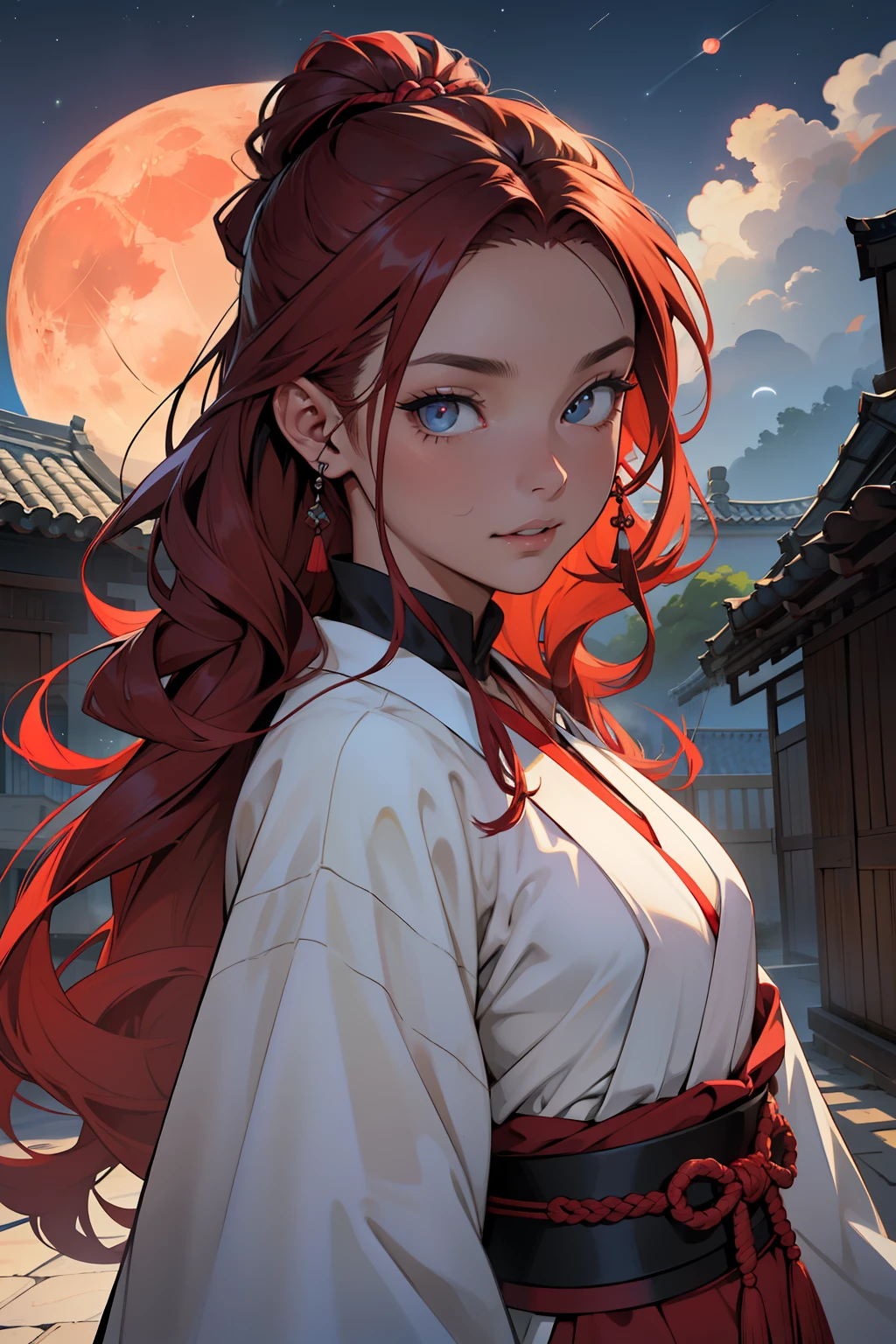 melhor qualidade)), ((obra-prima)), (altamente detalhado:1.3)Pale girl, pequena, esguia, long curly hair reaching the white floor, platinados, Albina, wearing a traditional female clothing from the Taisho period in dark red color, Olhos vermelhos, rosto deligado, rosto perfeito, rosto detalhado, olhos perfeitos, detailed hands, Cabelo branco, pallor, olhos bonitos, Ao fundo, a street in the Taisho period with a red moon in the sky, night  sky, roupa vermelha escura, roupa escura, night  sky, rua movimentada, olhos vermelhos, malicious face, rosto infantil cruel