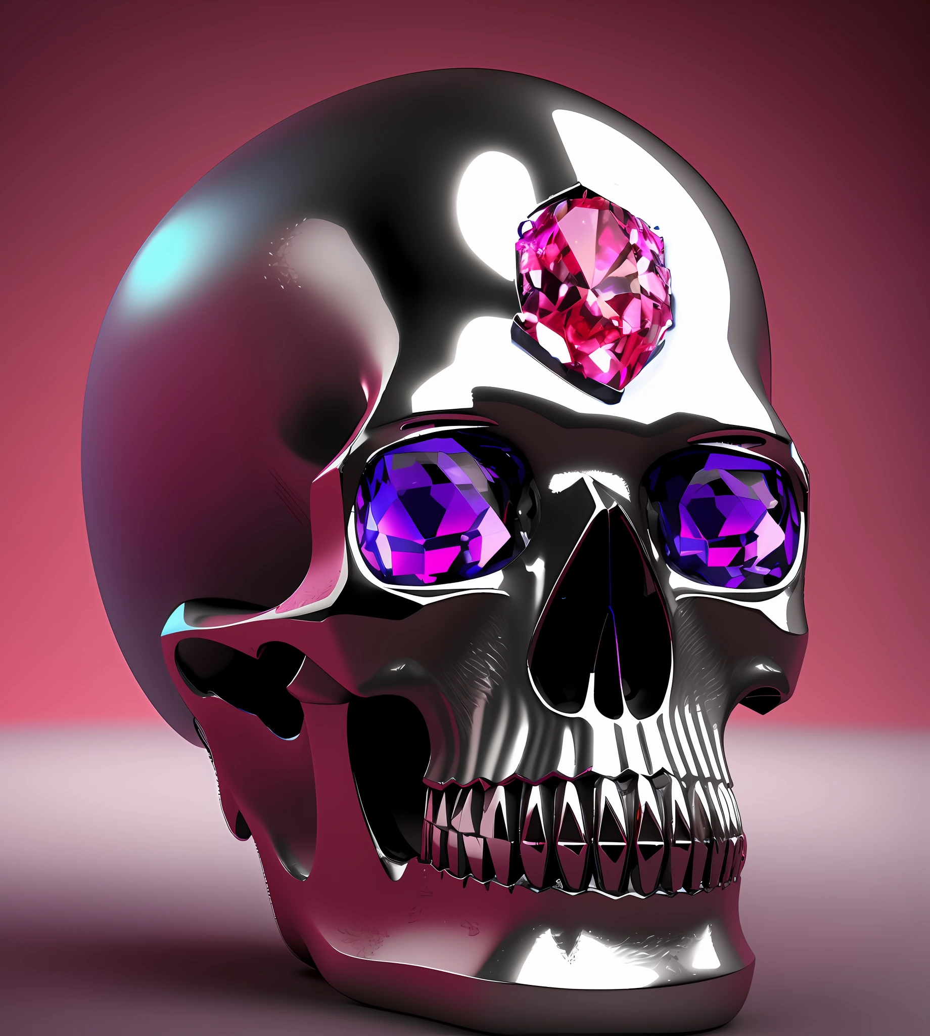 Polished silver skull with a pink diamond on top and eyes with purple cut stones, renderizado em cinema 4 d, renderizado em cinema4d, metal skull, renderizado em cinema 4 d octane, renderizado em keyshot, piece of jewelry, obra-prima, detalhes intrincados, 3d renderizado em octanagem, 3 d renderizado em octanagem, digital render, renderizado em octane render 32k, Renderizado em Octane 3D, Conceptual and digital art rendering, 8k
