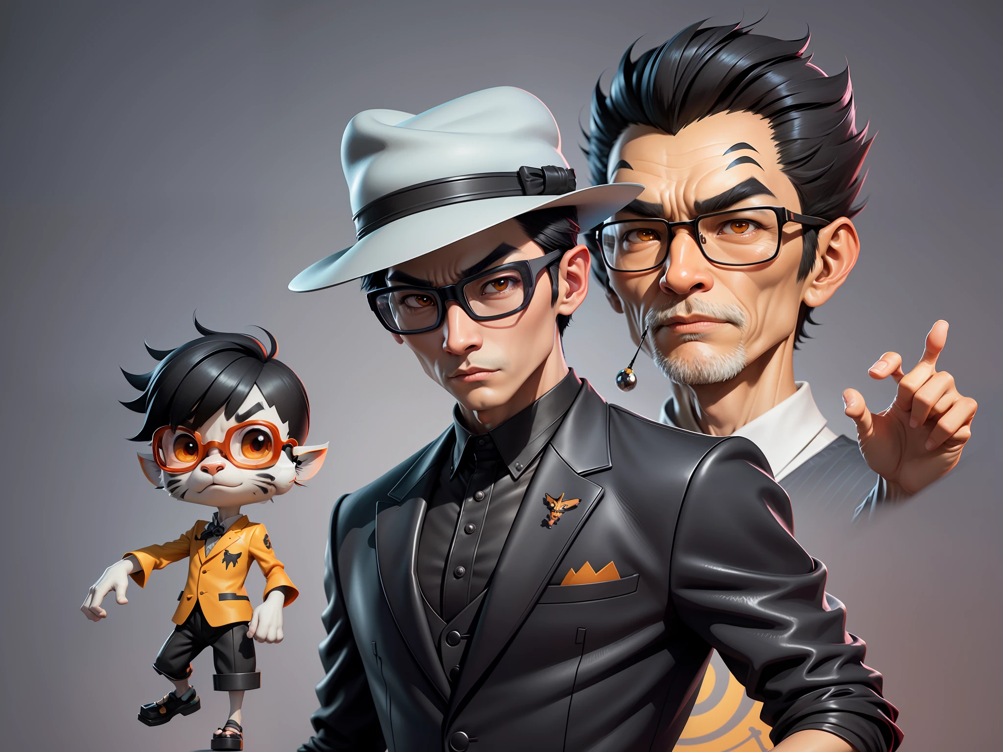 Young man with oriental face in leather hat, tiger, oriental face in formal suit, short black hair, silver glasses, digital painting, 3D character design by Mark Clairedon and Pixar and Hayao Miyazaki and Akira Toriyama, the illustration is a high-definition illustration in 4K resolution with very detailed facial features and cartoon-style visuals.