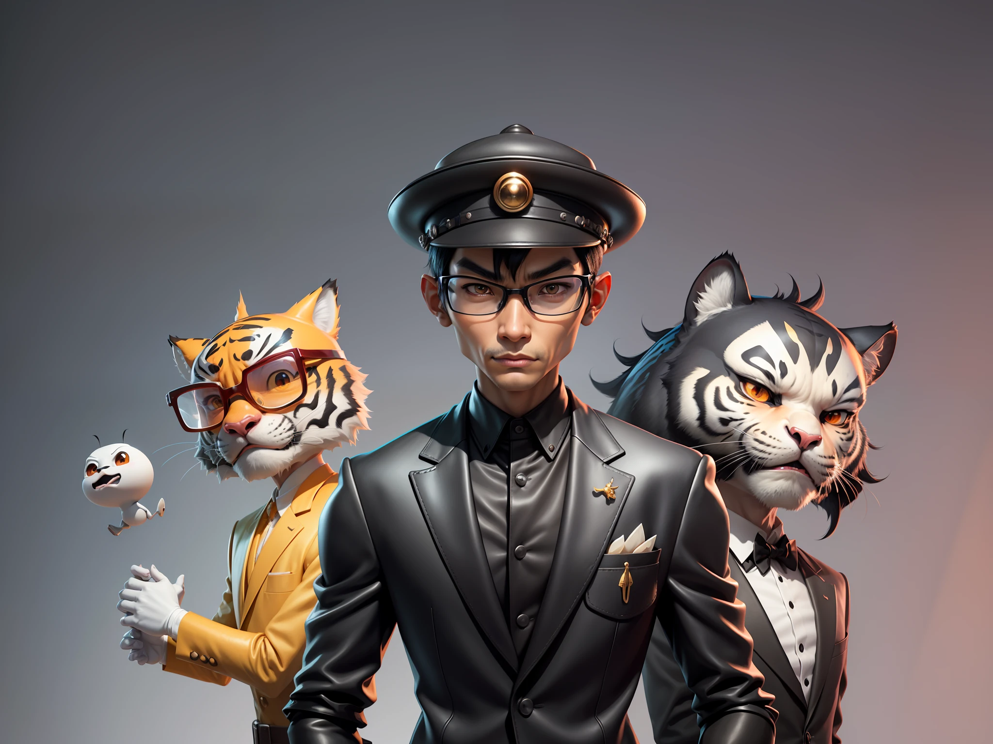 Young man with oriental face in leather hat, tiger, oriental face in formal suit, short black hair, silver glasses, digital painting, 3D character design by Mark Clairedon and Pixar and Hayao Miyazaki and Akira Toriyama, the illustration is a high-definition illustration in 4K resolution with very detailed facial features and cartoon-style visuals.