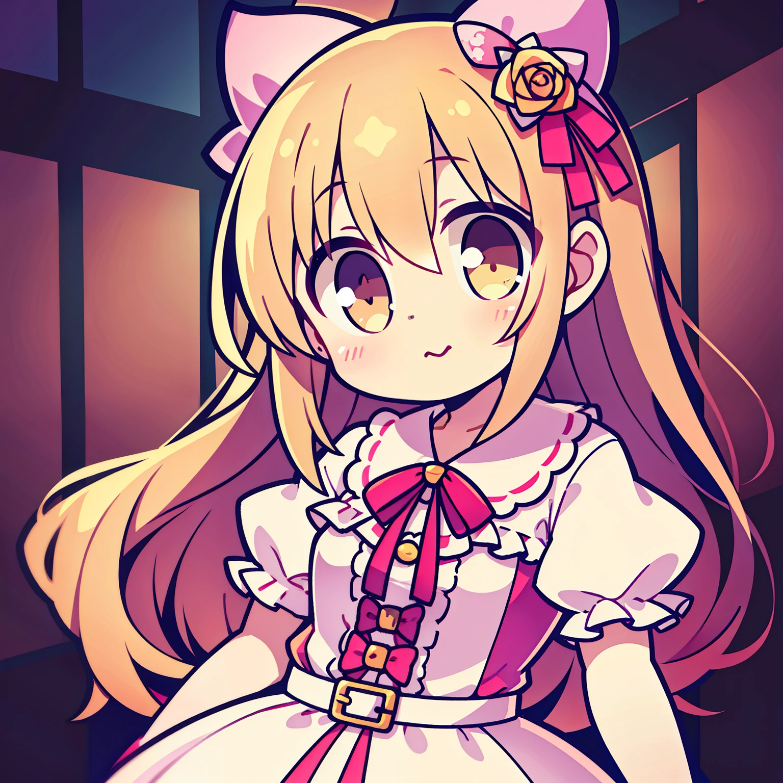 Cute,kawaii,innocent,bright eyes,rosy cheeks, ribbons, frilly dress,1 head body ratio, youthful, plain background