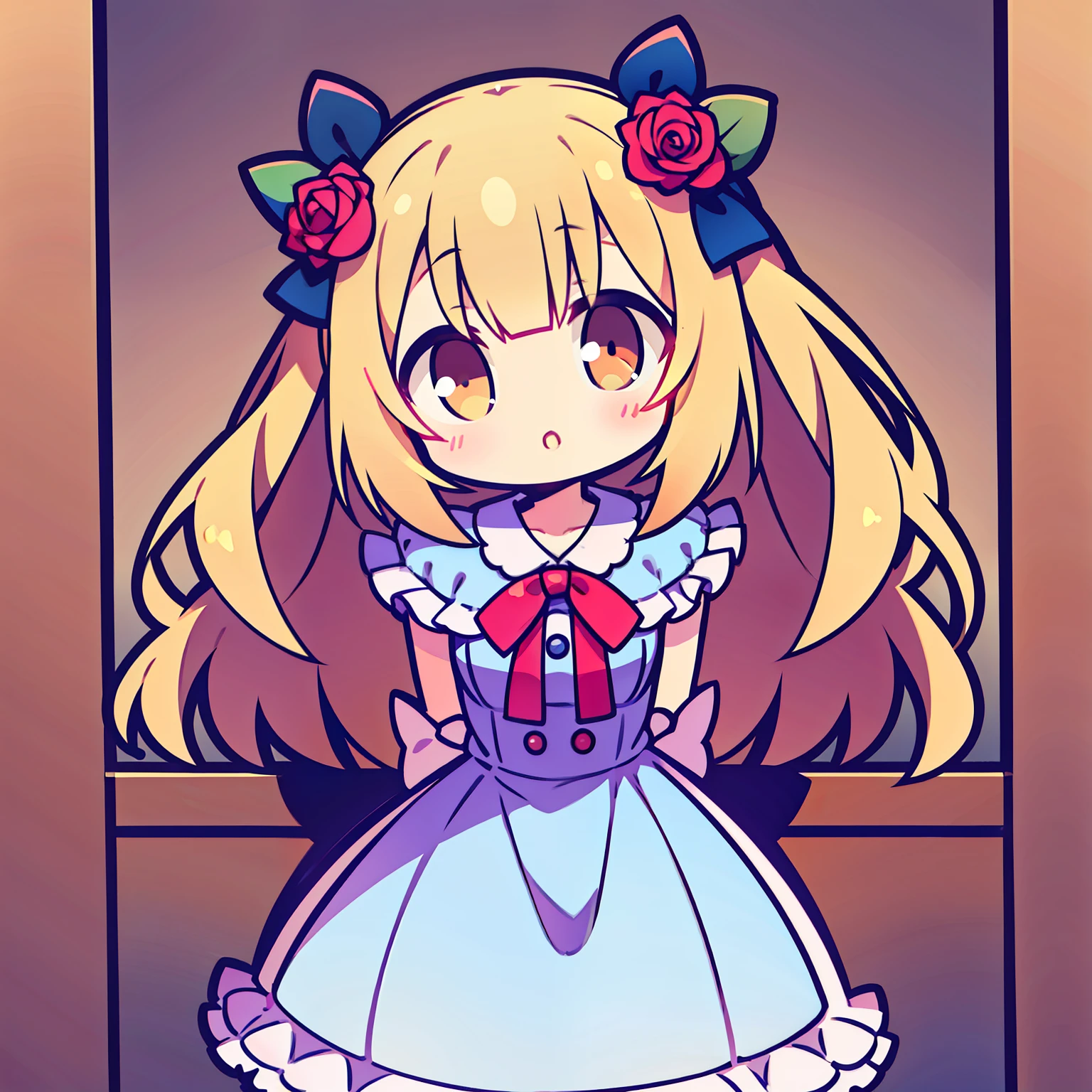 Cute,kawaii,innocent,bright eyes,rosy cheeks, ribbons, frilly dress,1 head body ratio, youthful, plain background