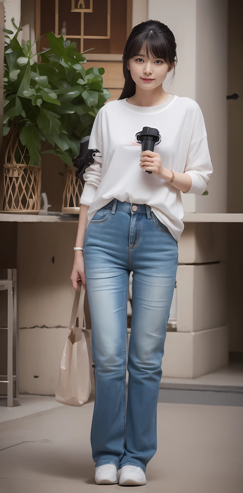 Zhu Ai_Villas,RAW photos,Brand photos,(highdetailskin:1.2),8k ultra high definition,digital SLR camera,gentlesoftlighting,high high quality,filmgrain,富士XT3,20 years old Asian woman,Wear simple clothes,T-shirt and skinny jeans,Detailed clothing details:1.3,perfect body figure,Super detailed facial details and skin,Fair and tender face and skin,二重まぶた,Super detailed eyes,fully body photo