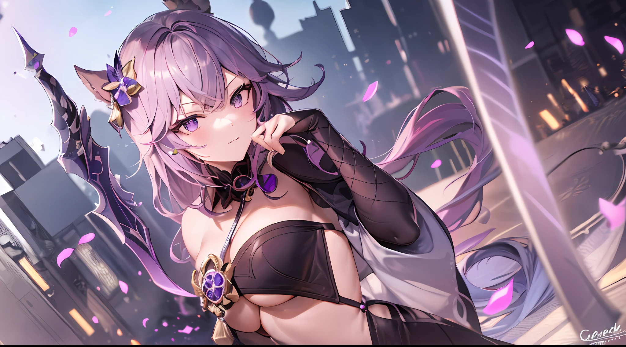 Mast, best quality, 1 girl, eula \ (Genshin Impact), pinkish hair, purple eyes, long hair, headband, hair accessories, looking at the audience, facing viewer, eula signature weapon claymore sword, fox ears bent