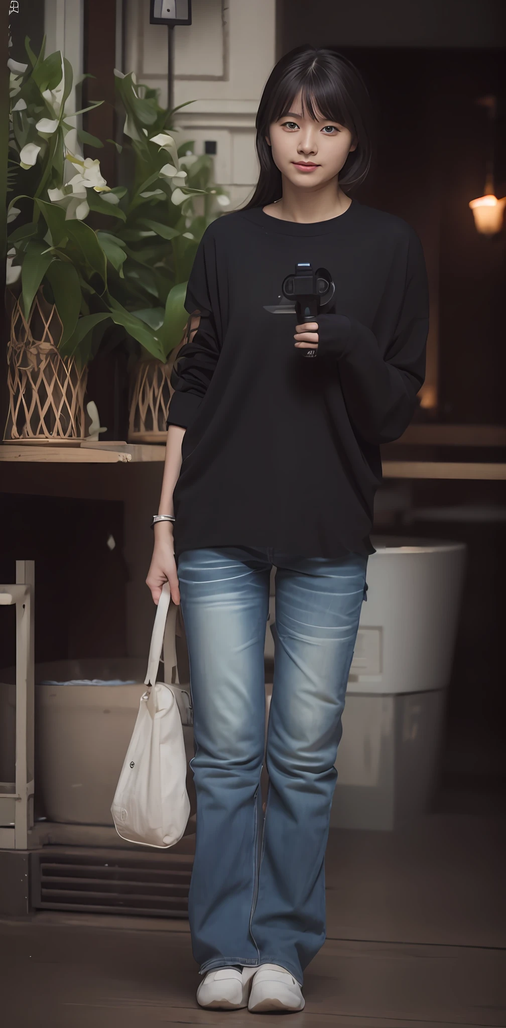 Zhu Ai_Villas,RAW photos,Brand photos,(highdetailskin:1.2),8k ultra high definition,digital SLR camera,gentlesoftlighting,high high quality,filmgrain,富士XT3,20 years old Asian woman,Wear simple clothes,T-shirt and skinny jeans,Detailed clothing details:1.3,perfect body figure,Super detailed facial details and skin,Fair and tender face and skin,二重まぶた,Super detailed eyes,fully body photo