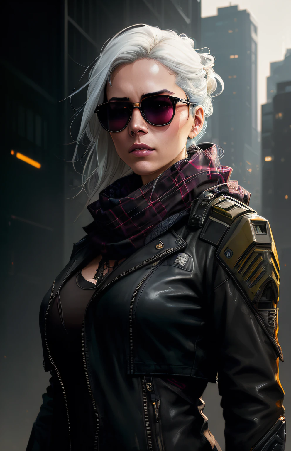 (dark shot:1.1), epic realistic, portrait of halo, sunglasses, blue eyes, tartan scarf, white hair by atey ghailan, by greg rutkowski, by greg tocchini, by james gilleard, by joe fenton, by kaethe butcher, gradient yellow, black, brown and magenta color scheme, grunge aesthetic!!! graffiti tag wall background, art by greg rutkowski and artgerm, soft cinematic light, adobe lightroom, photolab, hdr, intricate, highly detailed, (depth of field:1.4), faded, (neutral colors:1.2), (hdr:1.4), (muted colors:1.2), hyperdetailed, (artstation:1.4), cinematic, warm lights, dramatic light, (intricate details:1.1), complex background, (rutkowski:0.66), (teal and orange:0.4)