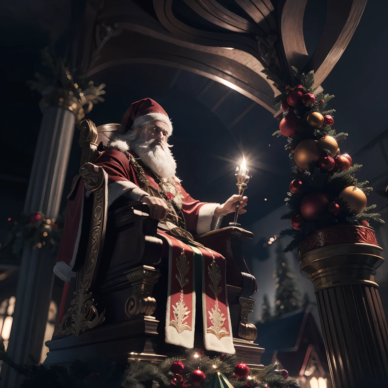 imagem de elfos decorando arvore de natal, papai noel chegando de trono com suas renas de naris vermelho