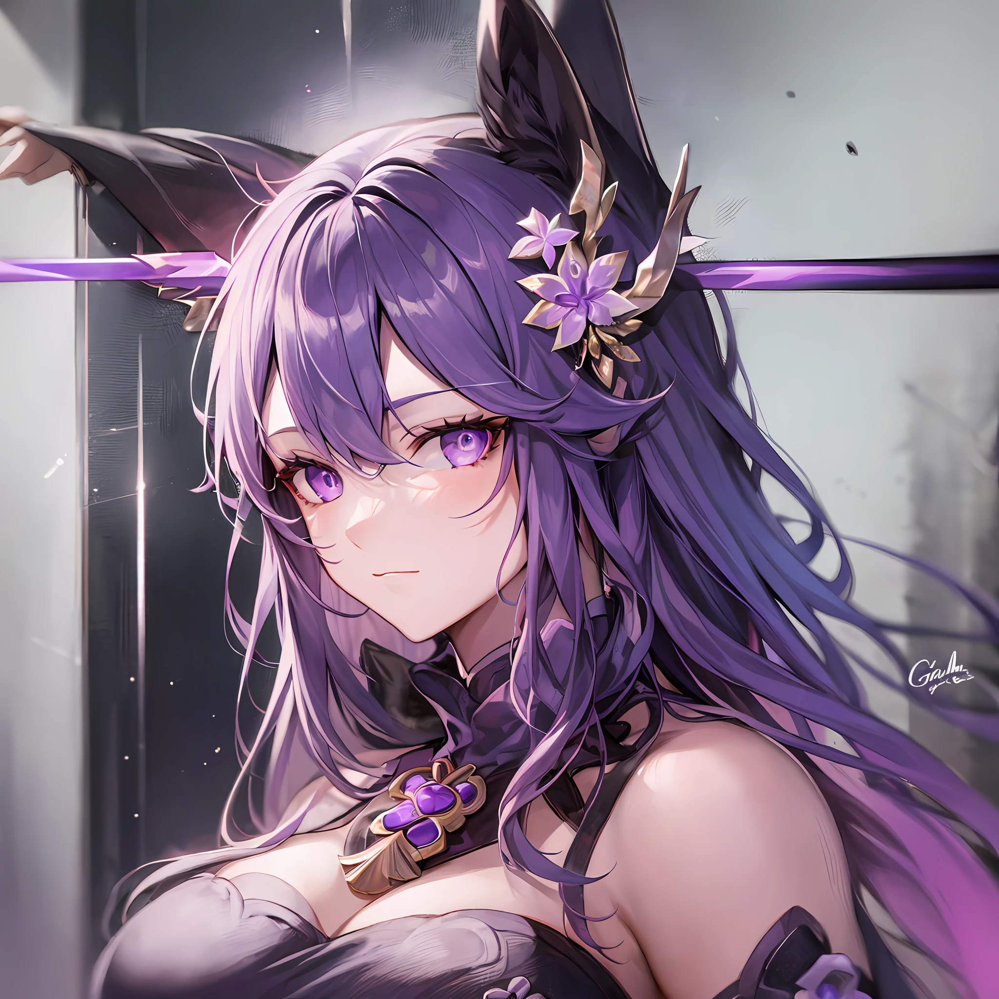 Mast, best quality, 1 girl, eula \ (Genshin Impact), pinkish hair, purple eyes, long hair, headband, hair accessories, looking at the audience, facing viewer, eula signature weapon claymore sword, fox ears bent