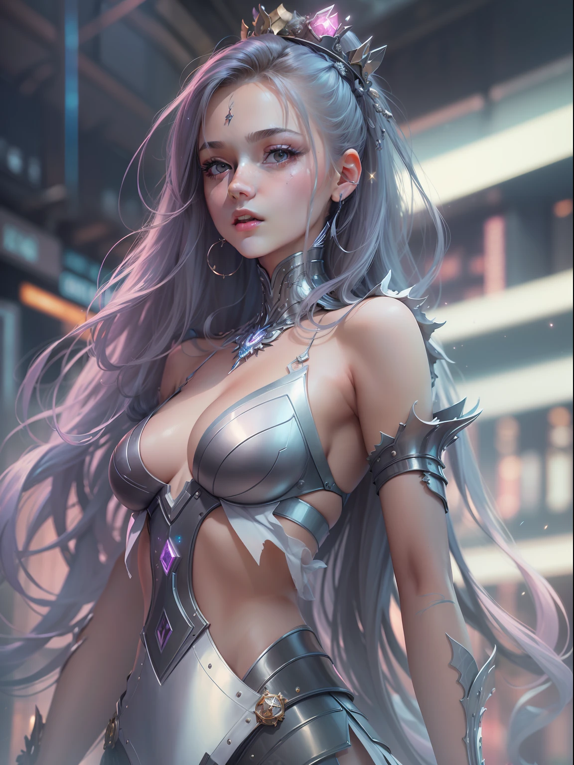 (((masterpiece)))、(((top-quality)))、((ultra-definition))、(High Definition CG Illustration)、((extremely delicate and beautiful))、Cyber City、Cinematic Light、Queen Fashion、Body glitter、remodel、Girl with a shearing hairstyle、Unconventional、2080s、animesque、girl with、trending on artstationh、Rachel Walker