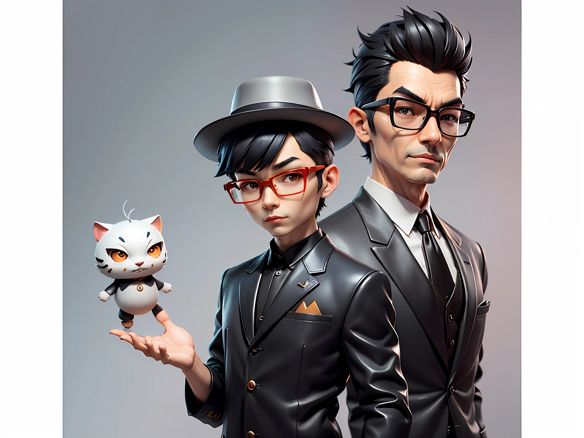Young man with oriental face in leather hat, tiger, oriental face in formal suit, short black hair, silver glasses, digital painting, 3D character design by Mark Clairedon and Pixar and Hayao Miyazaki and Akira Toriyama, the illustration is a high-definition illustration in 4K resolution with very detailed facial features and cartoon-style visuals.