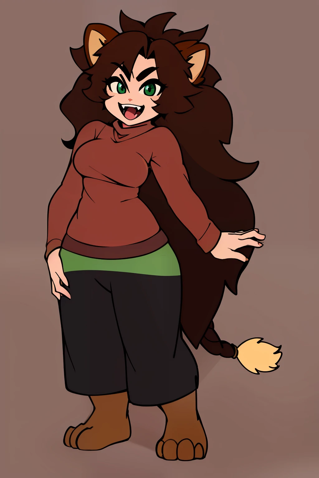 brown hair, long hair,medium breast, sport pants, long pullover, lion tails, living hair, animal fangs,green eyes, kemono mimi, cloak, medieval cloak flip flops