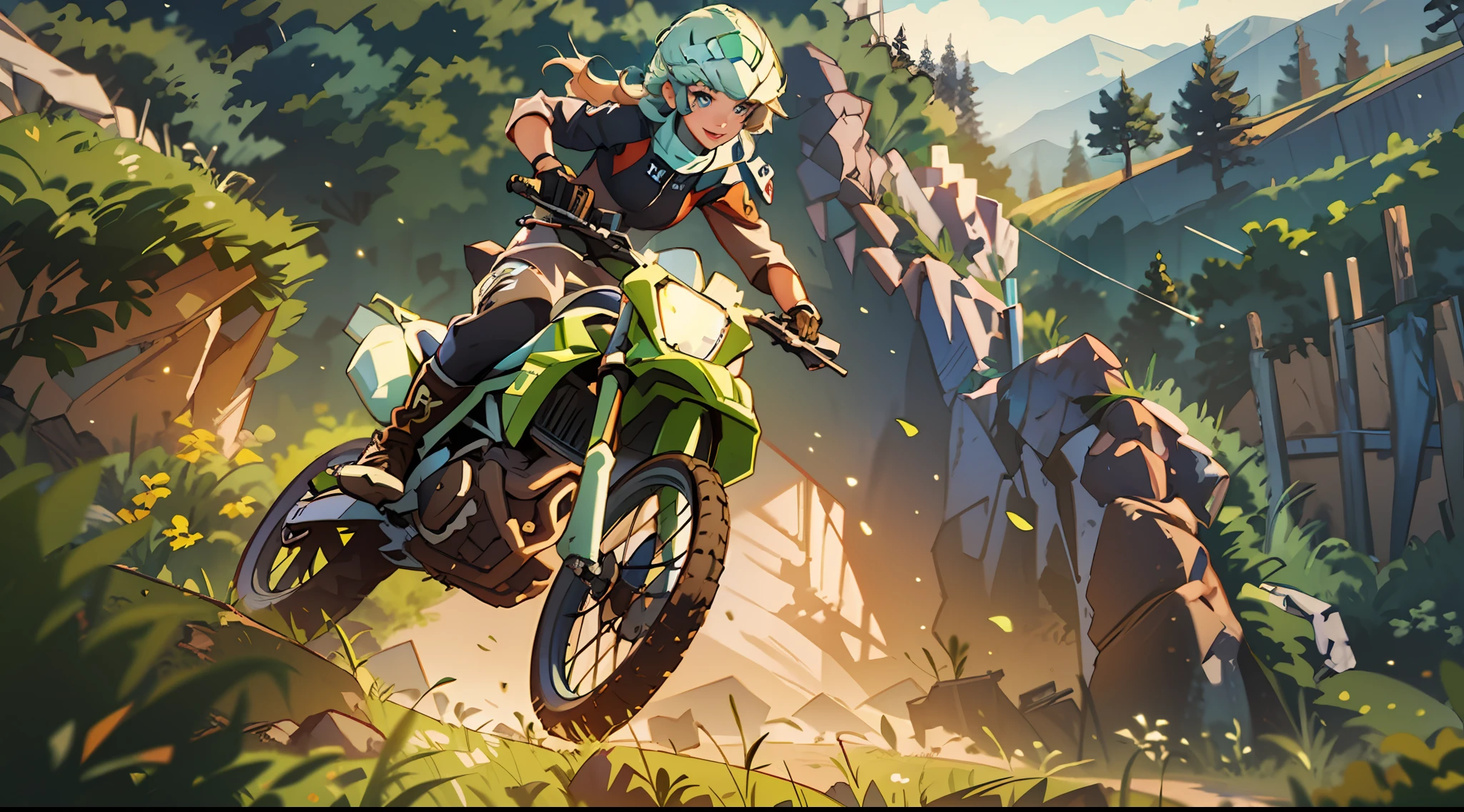 A woman rides a motocross which is in the middle of a jump between 2 cliffs and she is enjoying the fact she is doing a well-done job, she is using a motocross suit, she is not using a helmet, highly detailed face, smile, particles of dirty and grass around, daylight, sun rays, atmospheric light, high definition, masterpiece, intricate details, 8K, radical, volumetric illumination, dynamic composition, highly detailed, colorful, 2d anime style, moe style