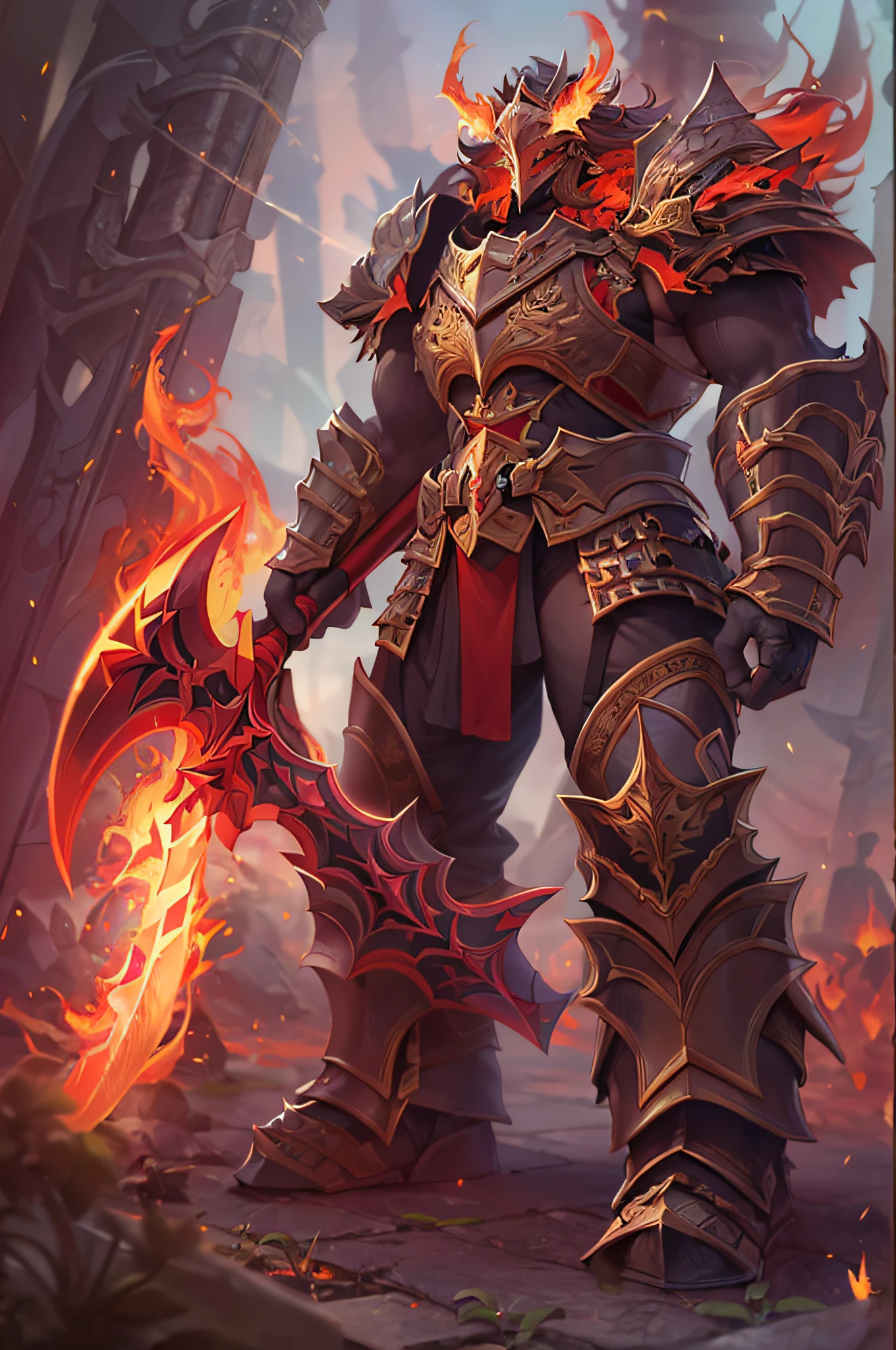 (masterpiece, best quality, best quality, official art, beautiful and aesthetic: 1.2), (8k, best quality, masterpiece: 1.2), CGDivine bigaxe, weapon, armor, solo, holding, horns, glowing, bigaxe, 1 Milf , holding weapons, planted, mature focus, flaming weapons, standing, helmet, gauntlets, wielding a giant axe, flaming giant axe, planted giant axe, shoulder armor, gradient, gradient background, greaves, pauldrons, (red glow: 1.3),