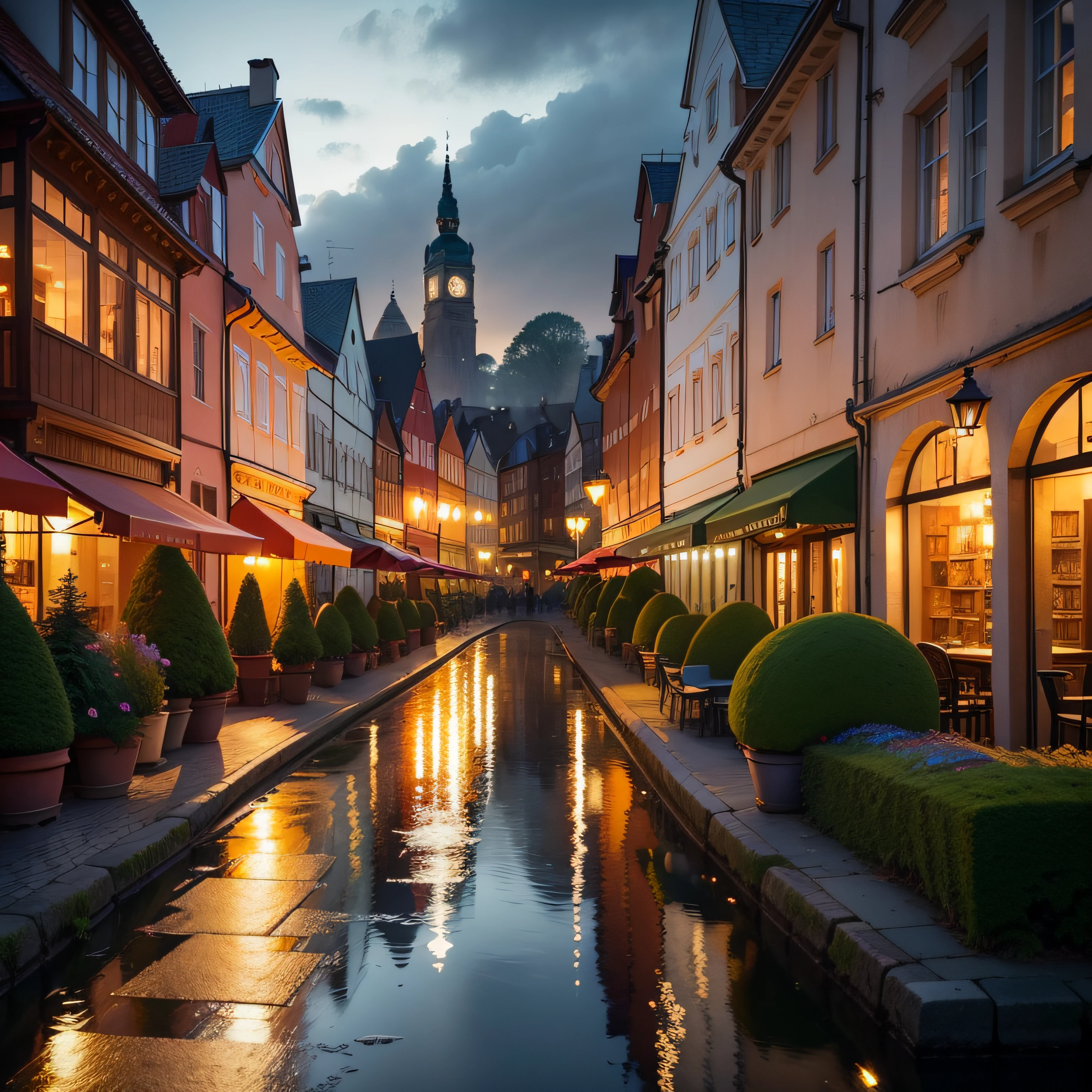 watercolor image, a one-color cup of coffee and a cake close-up on a table in an open-air park cafe, night, the city of Koenigsberg in Prussia, in the background beautiful facades with shop windows are visible in the distance, a variety of flowering plants in outdoor flowerpots, forged lanterns, park paths from paving stones, plinths, summer rain, reflection in the water, the atmosphere of a prosperous European modern city with the architecture of the Middle Ages and 18-19 centuries, night